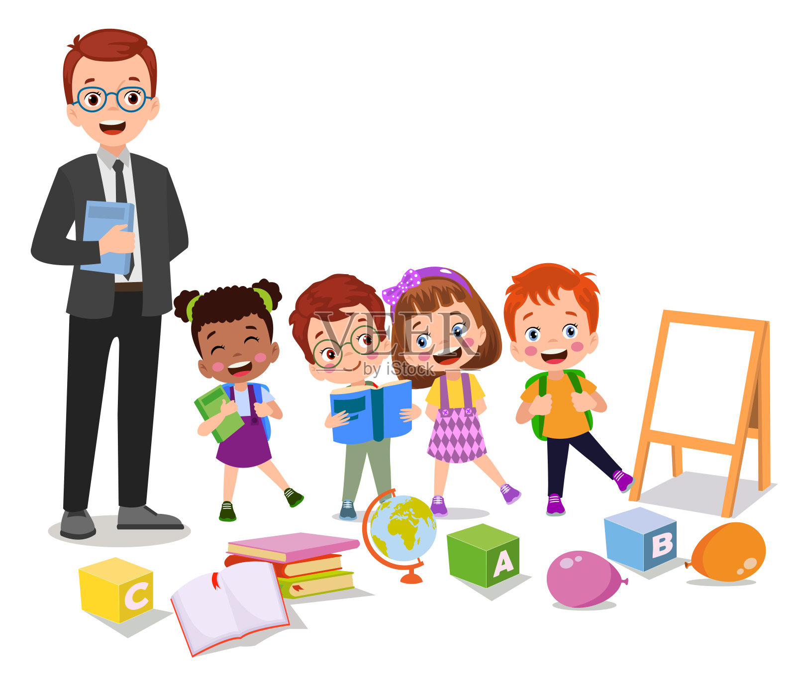 可爱的学生和老师在课堂上插画图片素材