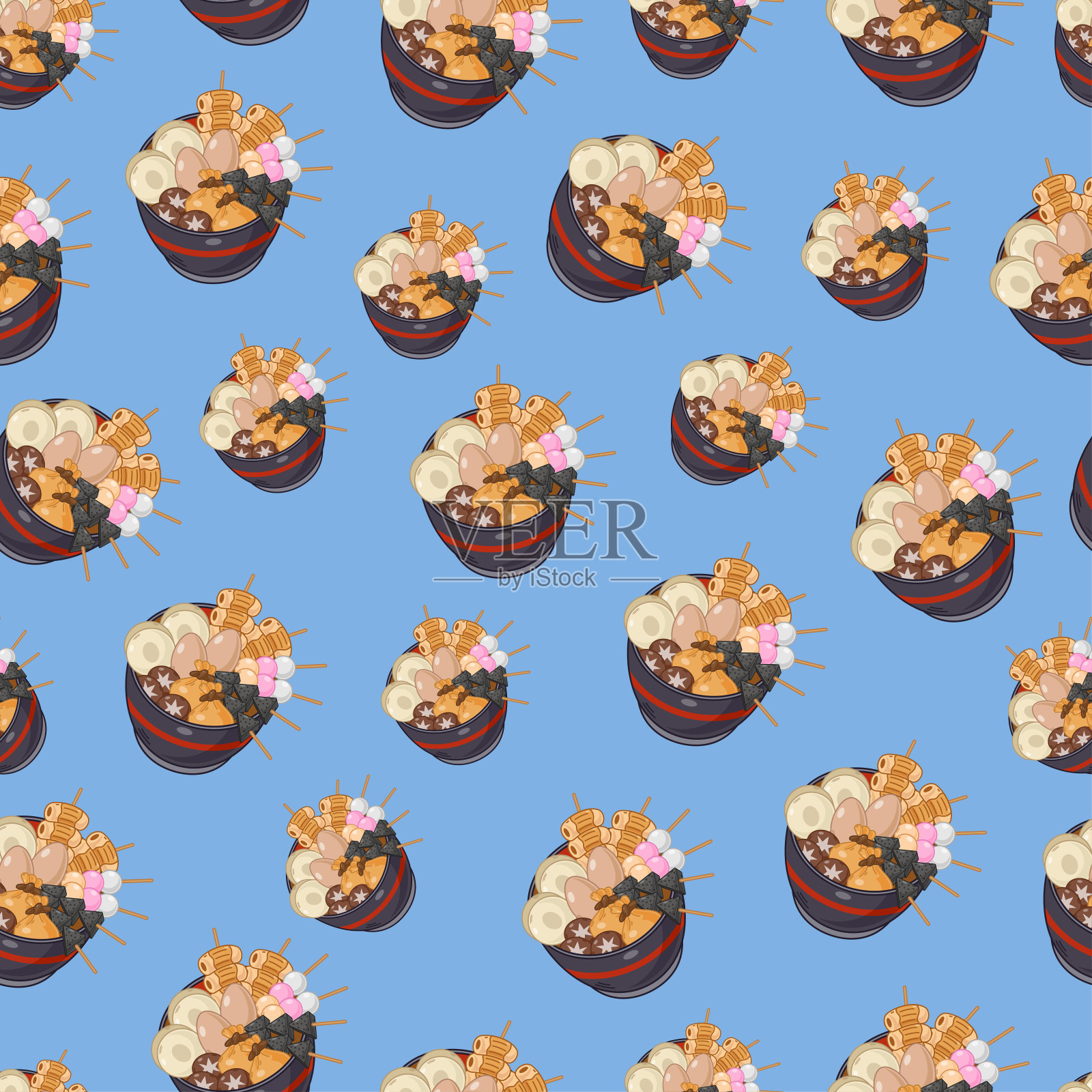 卡通奥登,日本料理无缝图案在彩色背景上插画图片素材