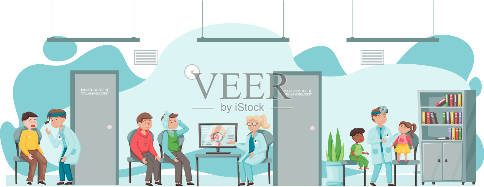 耳科医生和患者:耳鼻喉科医疗保健或耳鼻喉科疾病插画图片素材