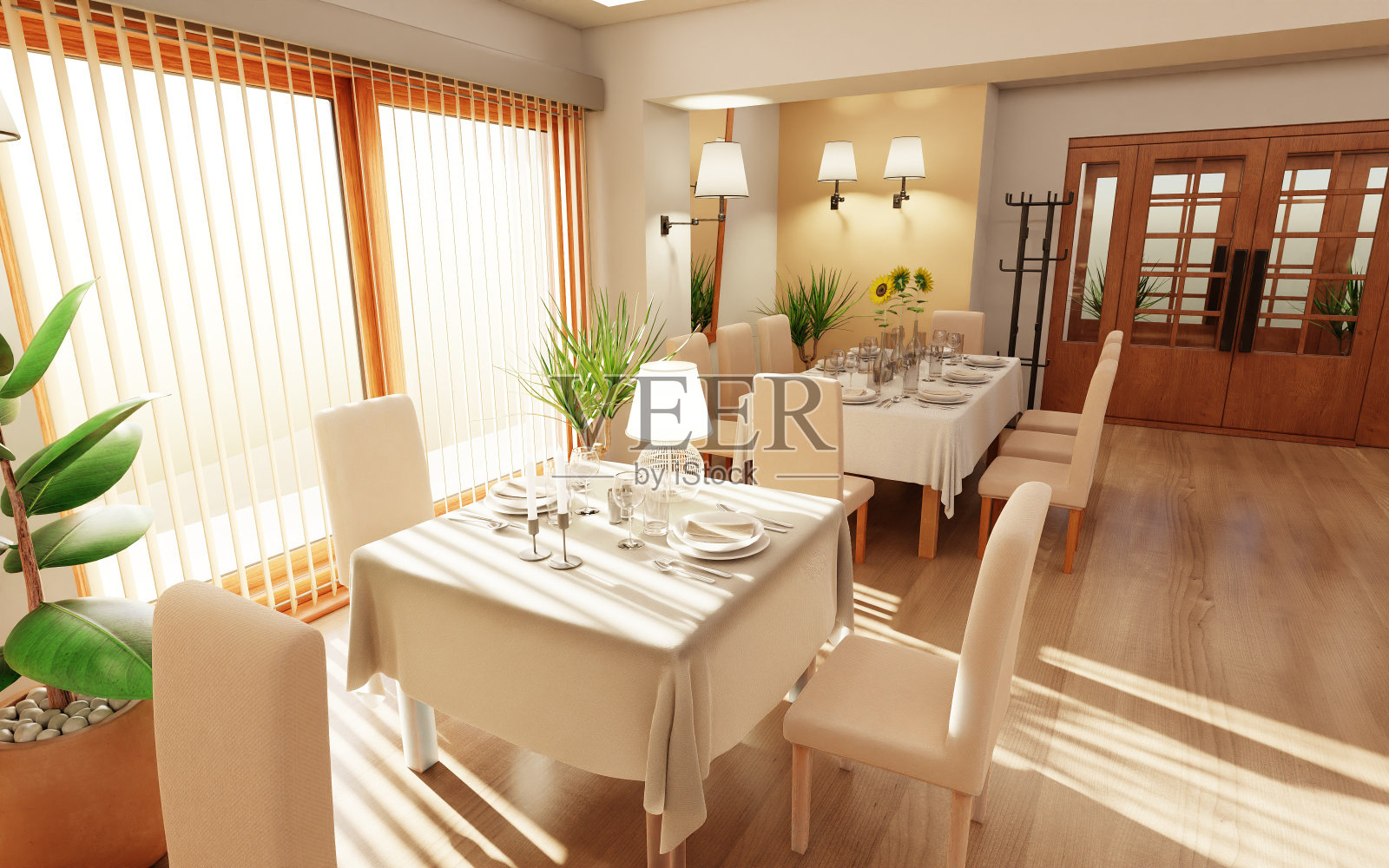 现代餐厅逼真的3D渲染照片摄影图片