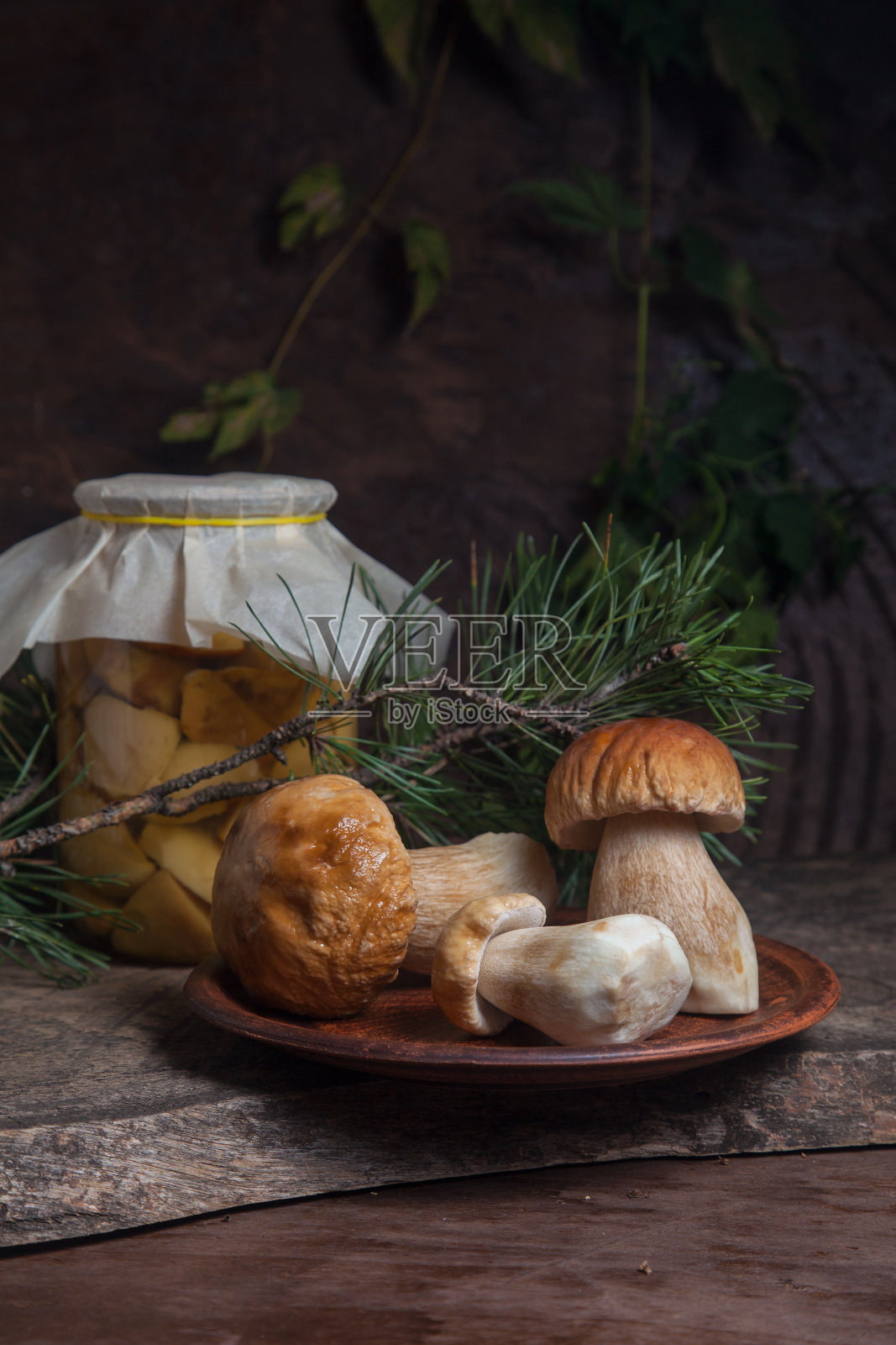 粘土盘三个牛肝菌通常被称为Boletus Edulis和玻璃罐罐头蘑菇在复古木制背景。照片摄影图片