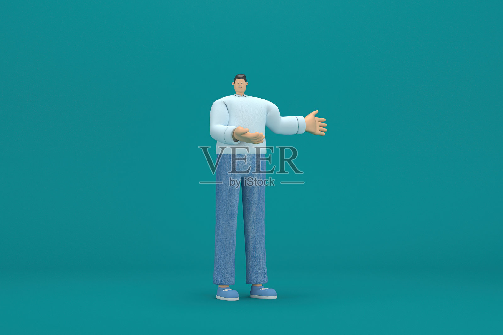 卡通人物穿着牛仔裤和长衬衫。他说话时手脚都很灵活。表演中的3d渲染。照片摄影图片