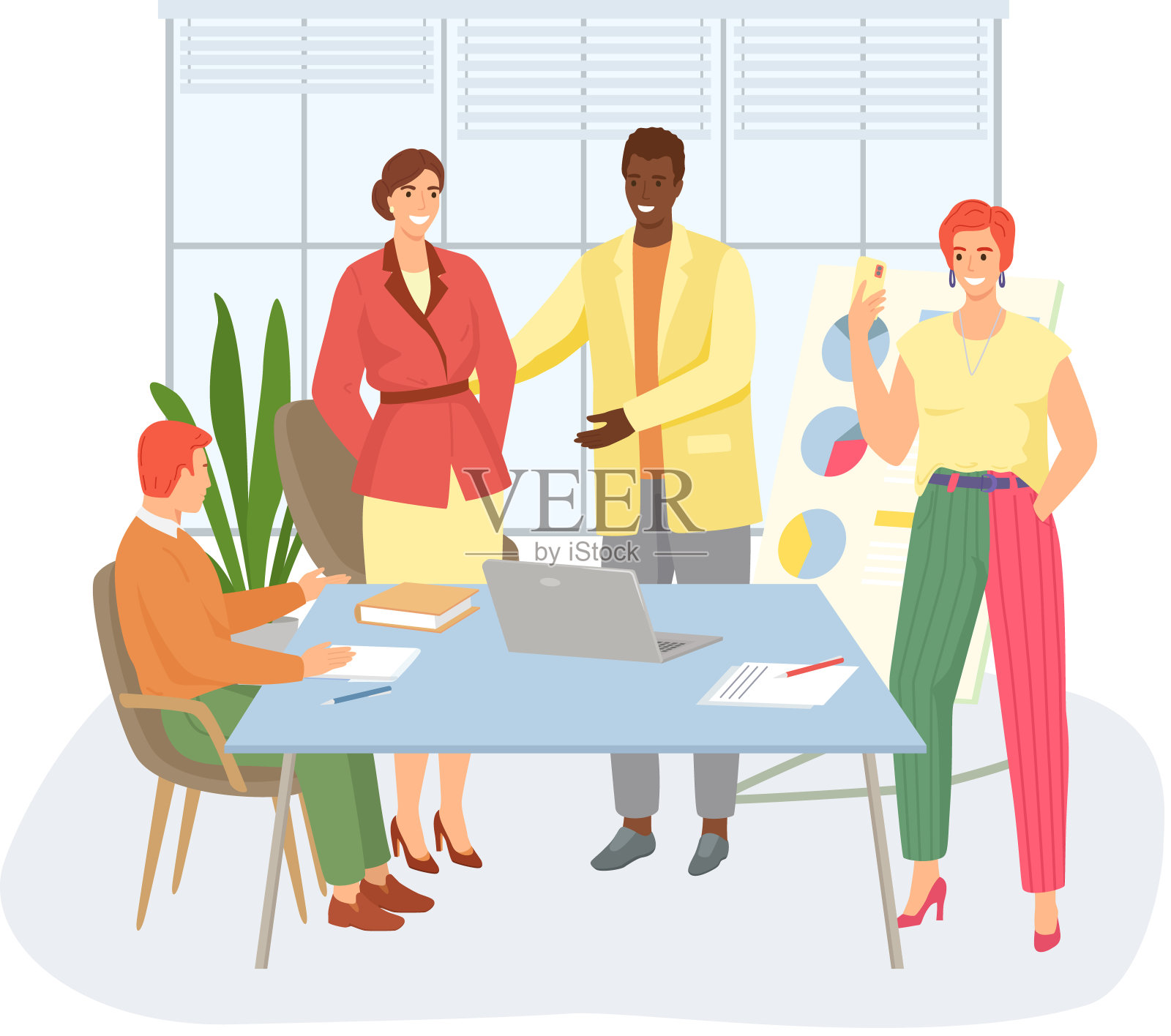 快乐的女人或女商人会收到办公室同事的祝贺插画图片素材