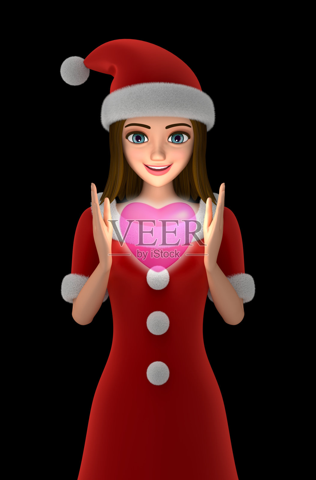 装扮成圣诞老人的女人凝视着发光的心。照片摄影图片