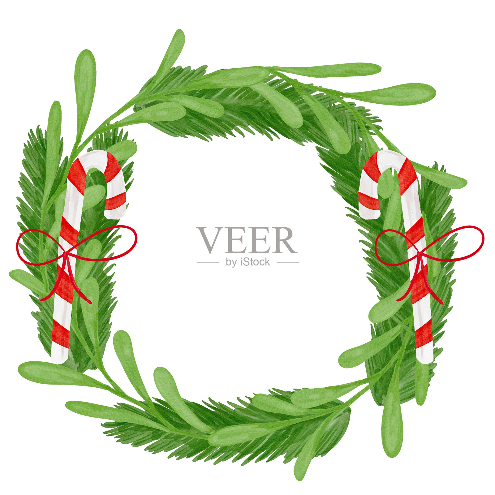 水彩圣诞花圈与拐杖糖。手绘插图孤立的白色背景插画图片素材
