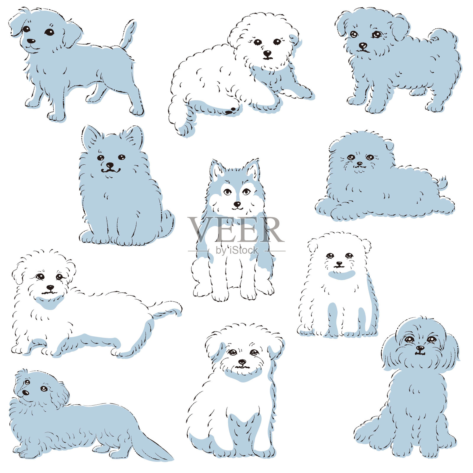 可爱流行的混合狗手绘线条矢量插图集插画图片素材