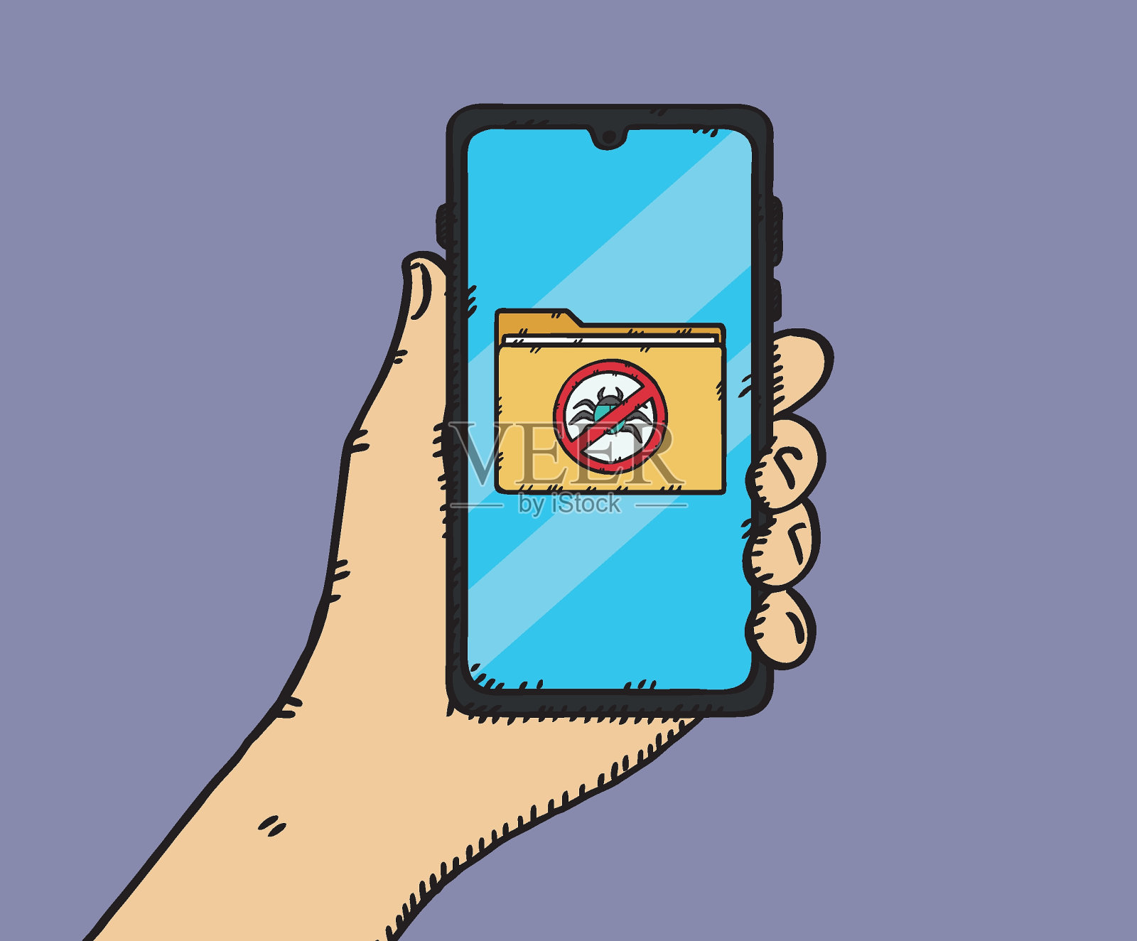 这只手拿着电脑,旁边有一个标志,禁止电脑蠕虫和病毒出现在笔记本电脑屏幕上。此标志表示防病毒程序正在运行。矢量手绘插图。插画图片素材