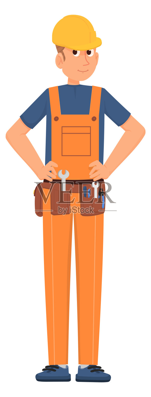 卡通杂工。维修服务人员。带着工具的人被隔离在白色上插画图片素材