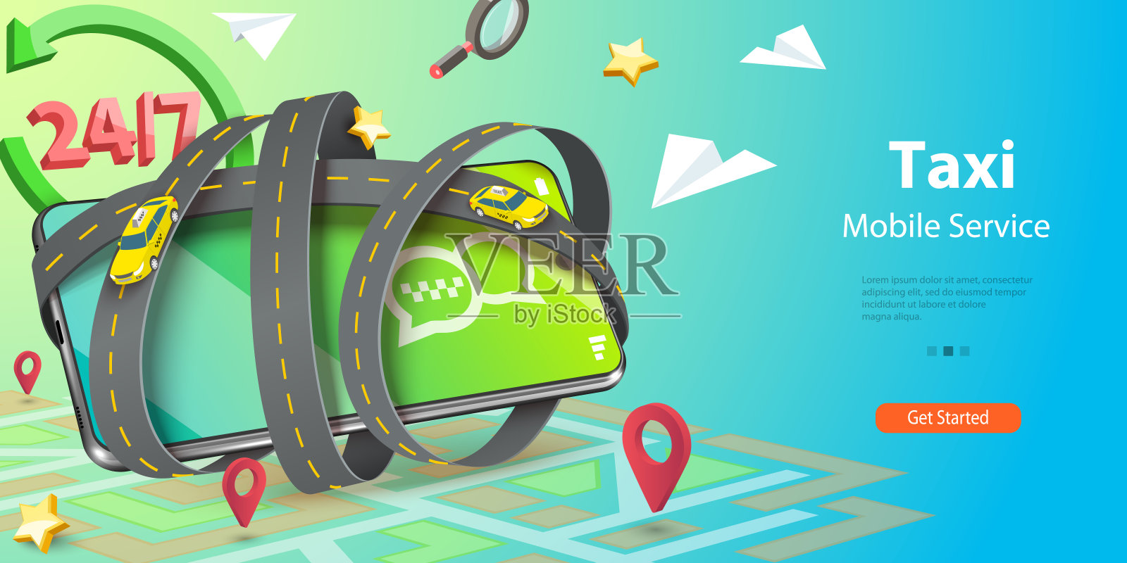 出租车移动服务的三维矢量概念图插画图片素材