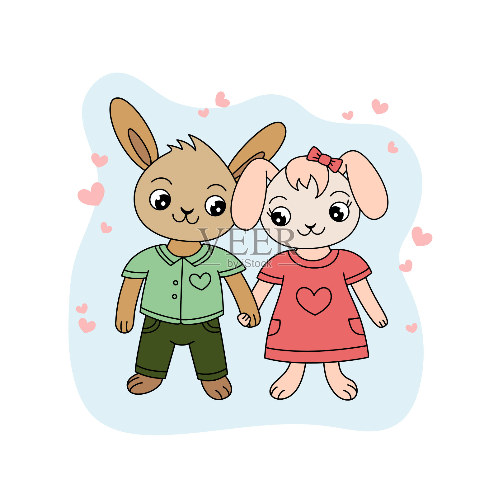 几只兔子。卡通兔子插图。动物角色。可爱的兔子之爱插画图片素材