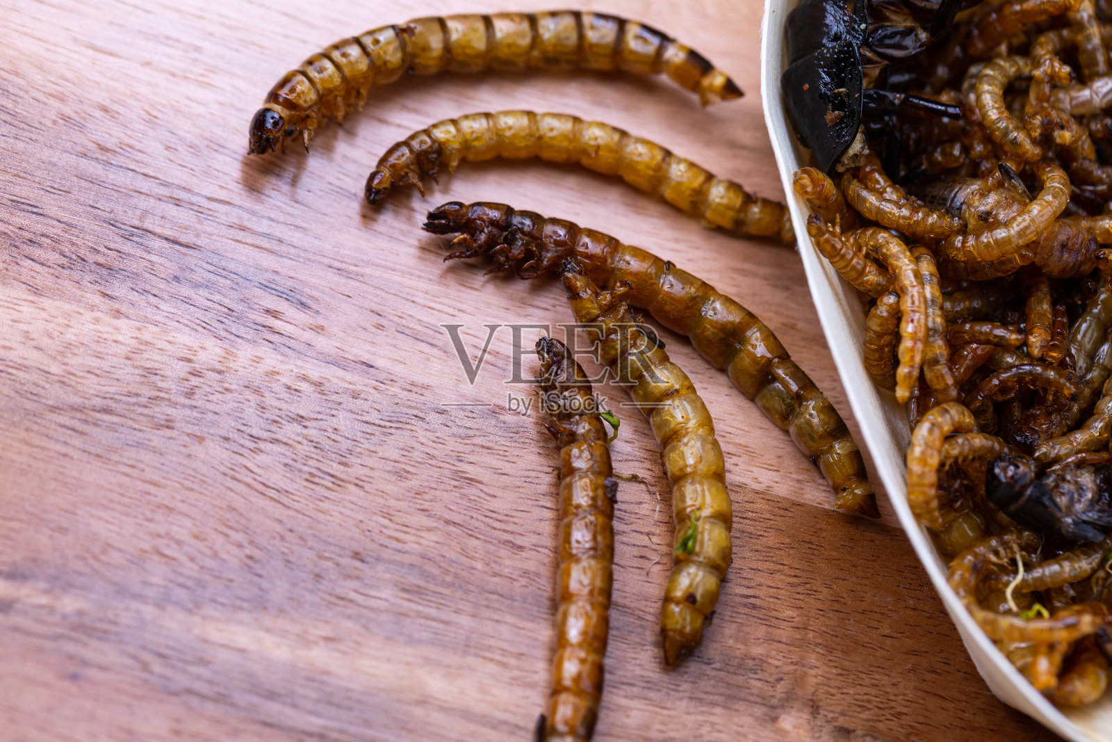 在木砧板上炸木蛆和粉虫。照片摄影图片