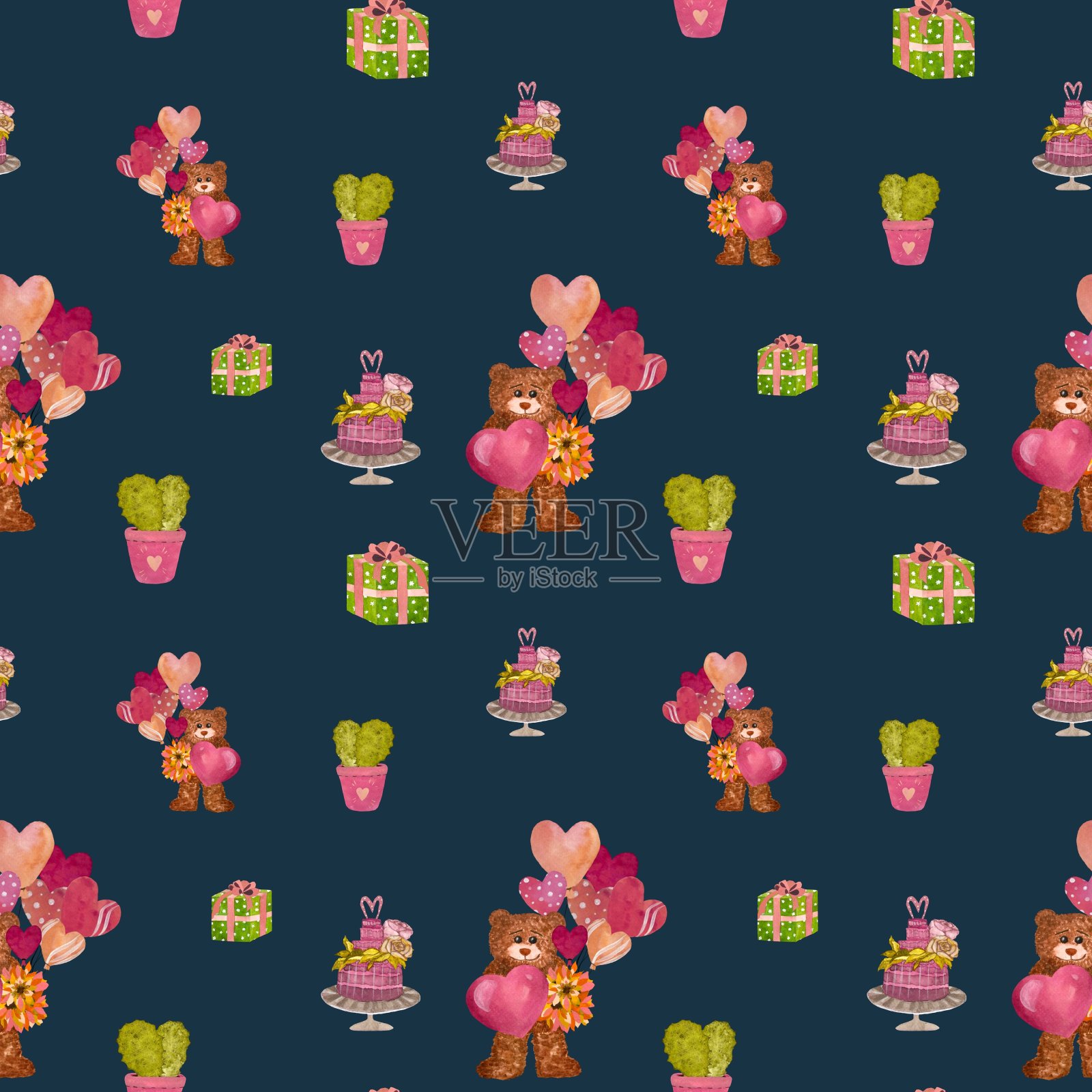 熊心仙人掌爱素描图案水彩画插画图片素材