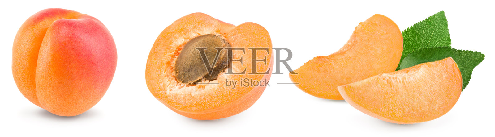 杏果,白色背景,单片,绿叶。剪切路径照片摄影图片