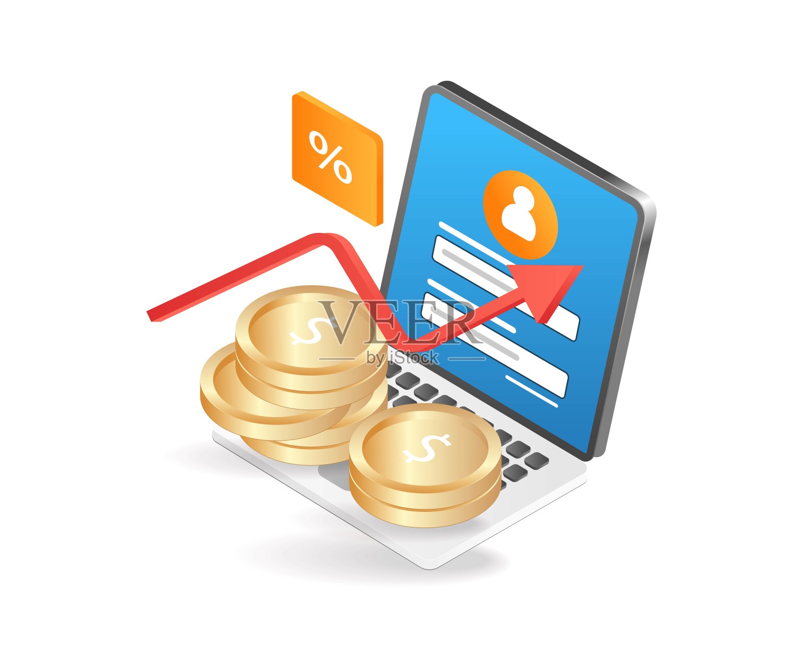 平面等距3d插图赚钱从笔记本电脑插画图片素材