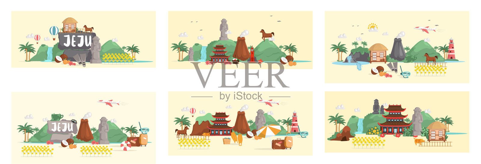 韩国的济州岛。暑假,活跃游览著名景点,冒险时光插画图片素材