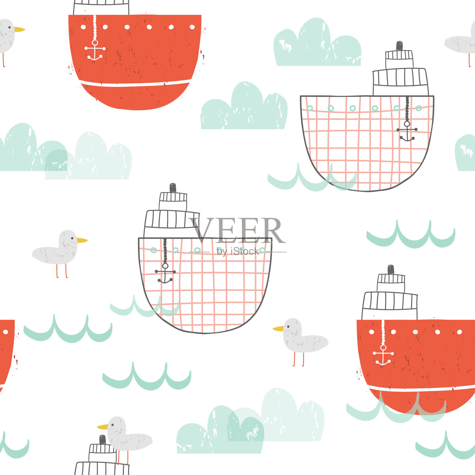 蒸汽船和海鸥的幼稚无缝图案。航海儿童印花。矢量手绘插图。插画图片素材
