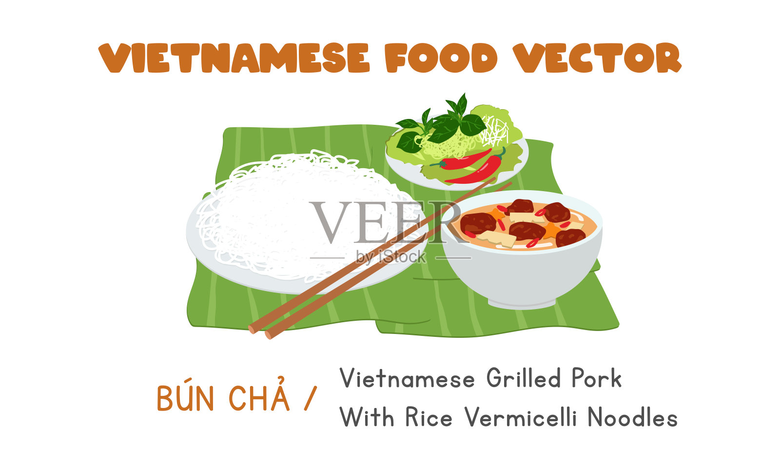 越南烤猪肉配米粉面条和香草平矢。Bun Cha Ha Noi或Bun Thit Nuong剪纸漫画。亚洲食品。越南菜。越南的食物插画图片素材