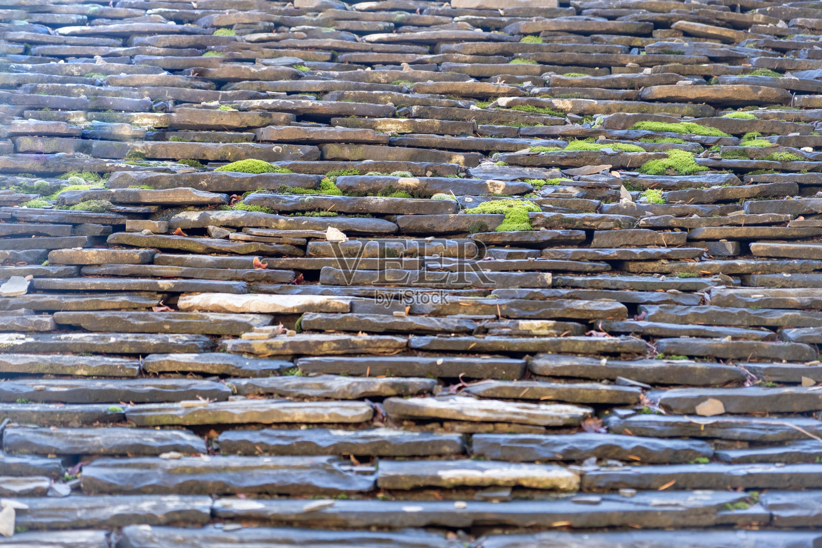 古老的石壁灰色建筑以绿色苔藓为背景纹理。空背景,复制空间。照片摄影图片