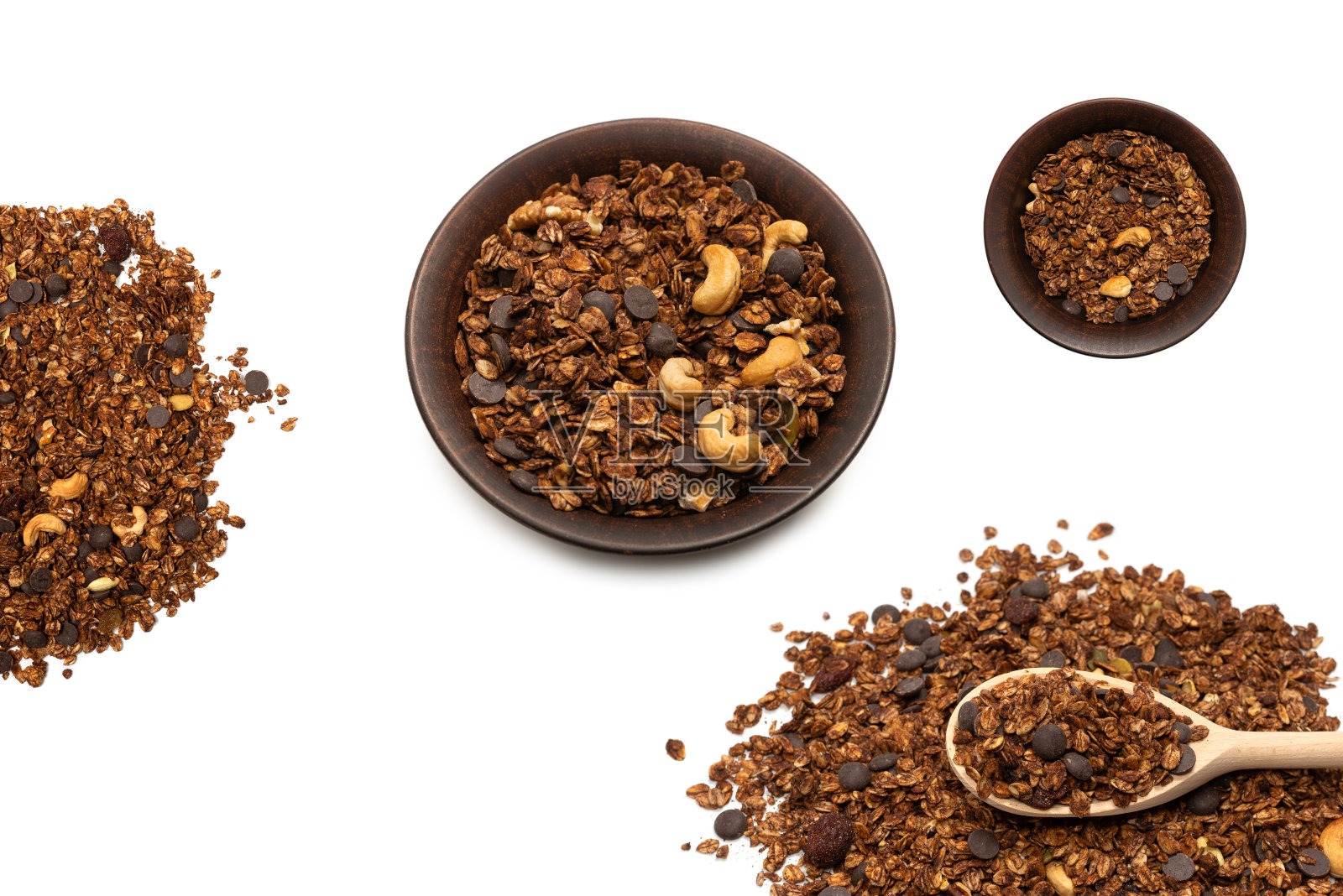 巧克力麦片加坚果。照片摄影图片