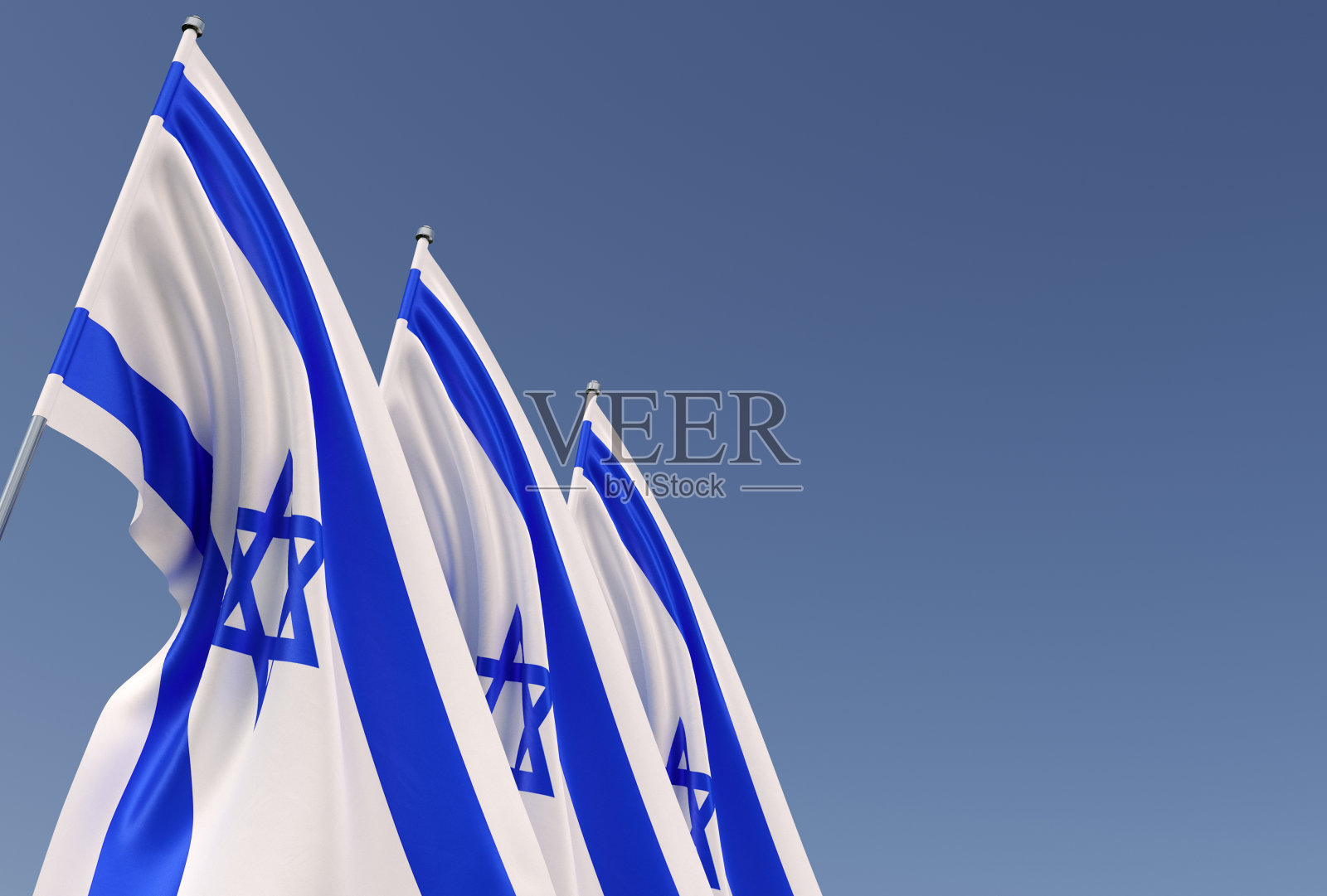 蓝色背景的旗杆上插着三面以色列国旗。发短信的地方。旗帜迎风飘扬。以色列。耶路撒冷,3d插图。照片摄影图片
