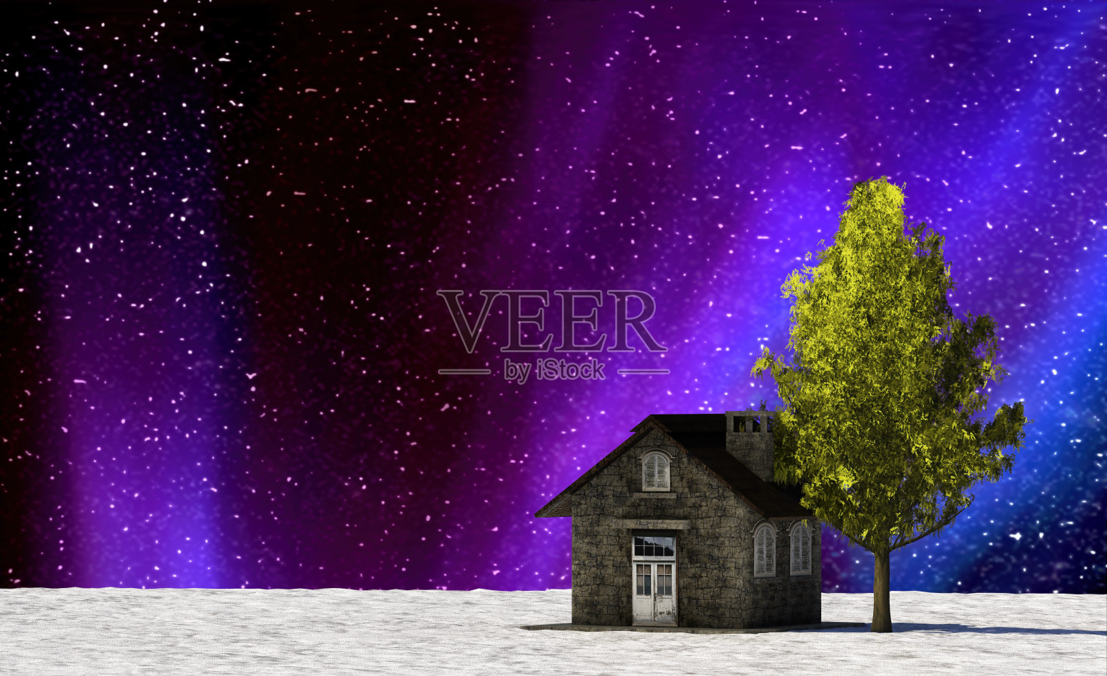 漂亮的星系视图与老房子的3d渲染照片摄影图片