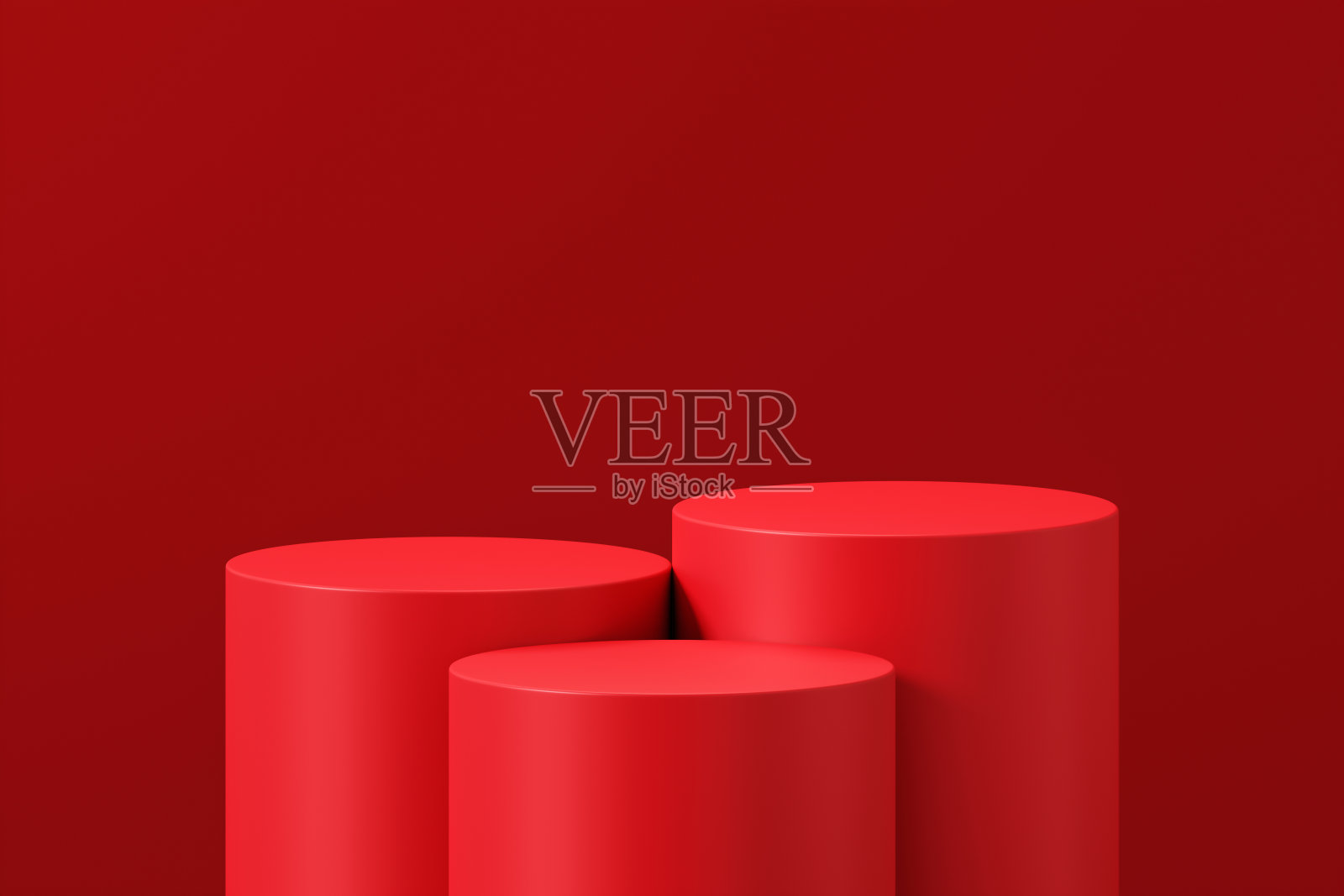 红色产品平台显示三维背景舞台与空展示台座平台工作室场景或空白圆柱站立最小几何展示和豪华广告销售横幅背景。照片摄影图片