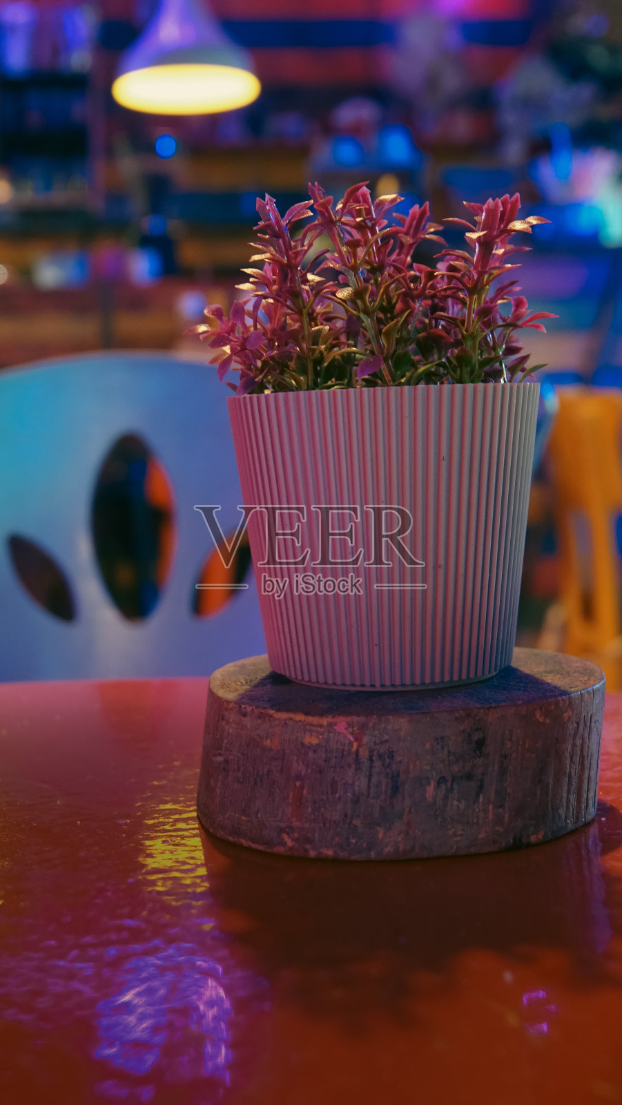 咖啡桌上昏暗的灯光下,花盆里的塑料花照片摄影图片