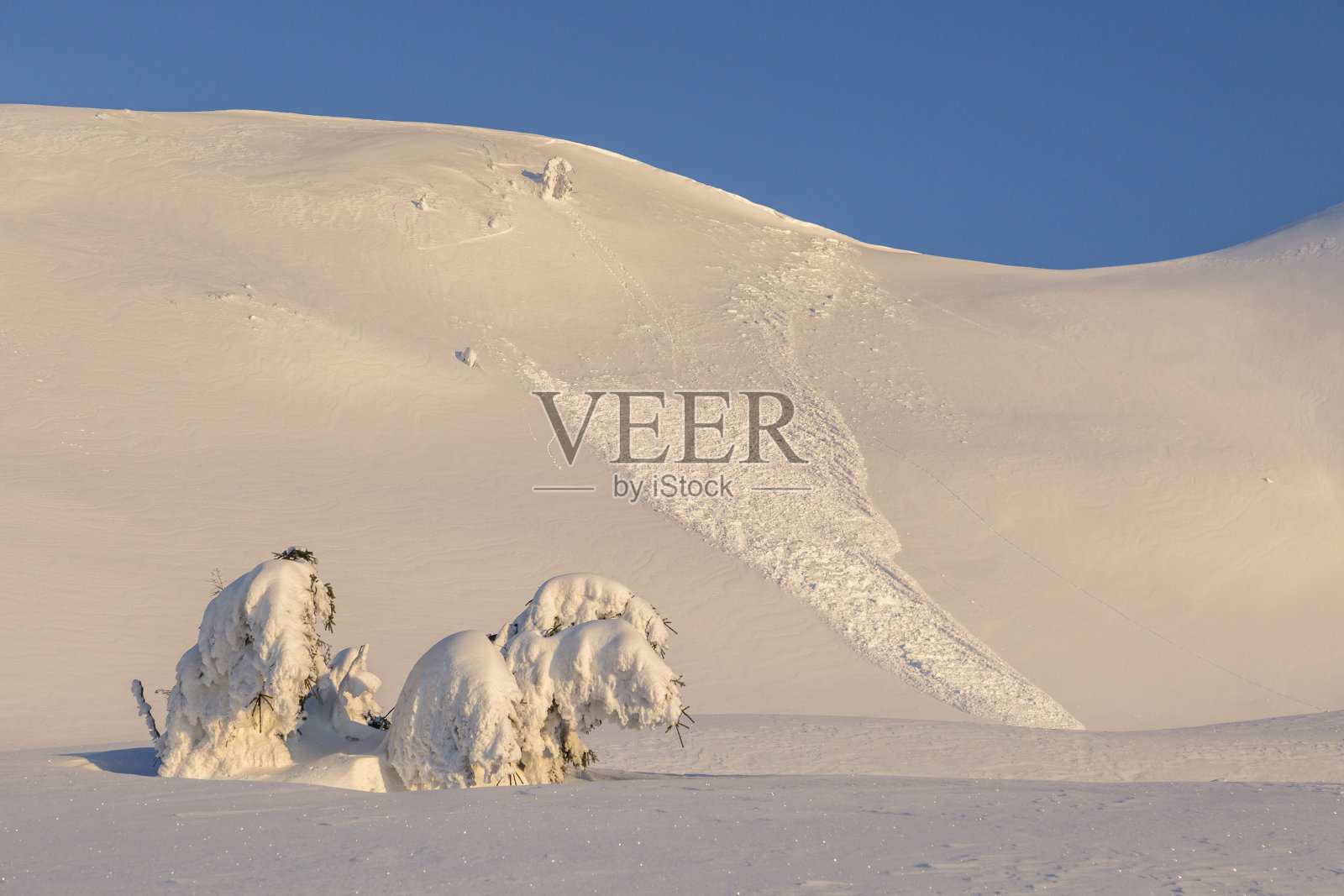 在温暖的阳光下,山坡上发生雪崩照片摄影图片