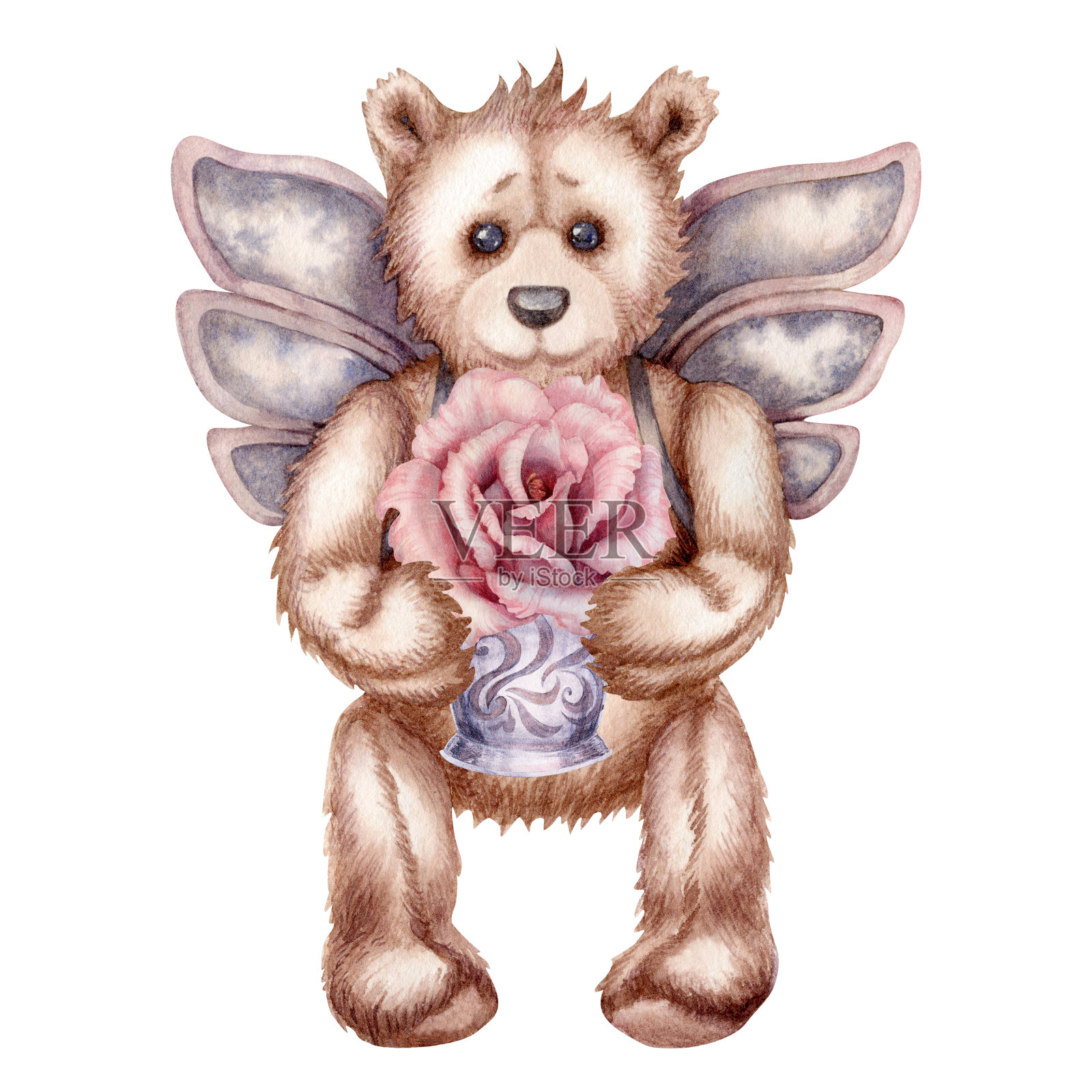 水彩手绘泰迪熊-一个天使与粉红玫瑰花篮插画图片素材