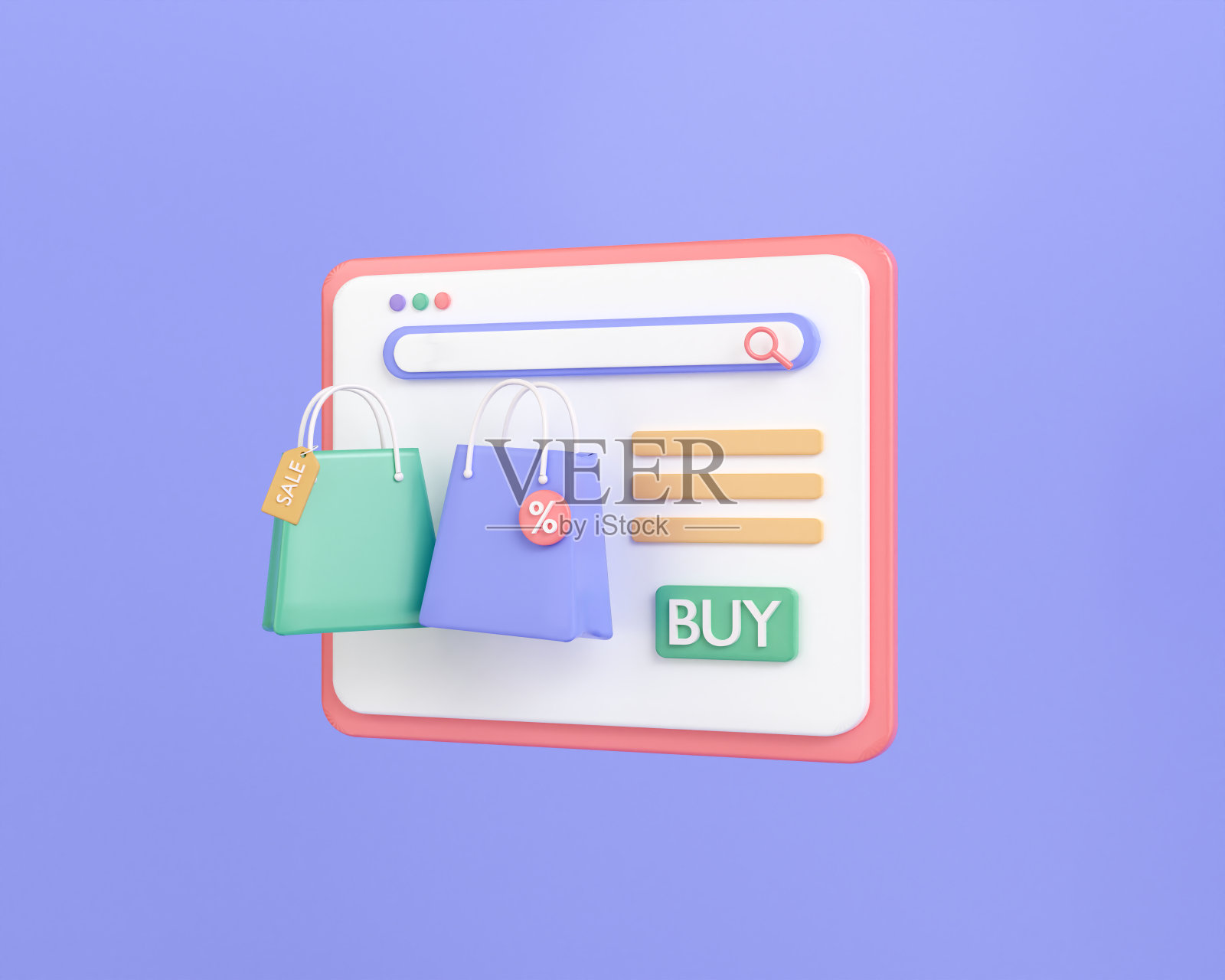 3d渲染纸袋购物网上。3d渲染插图最小。电子商务商店的web应用。照片摄影图片