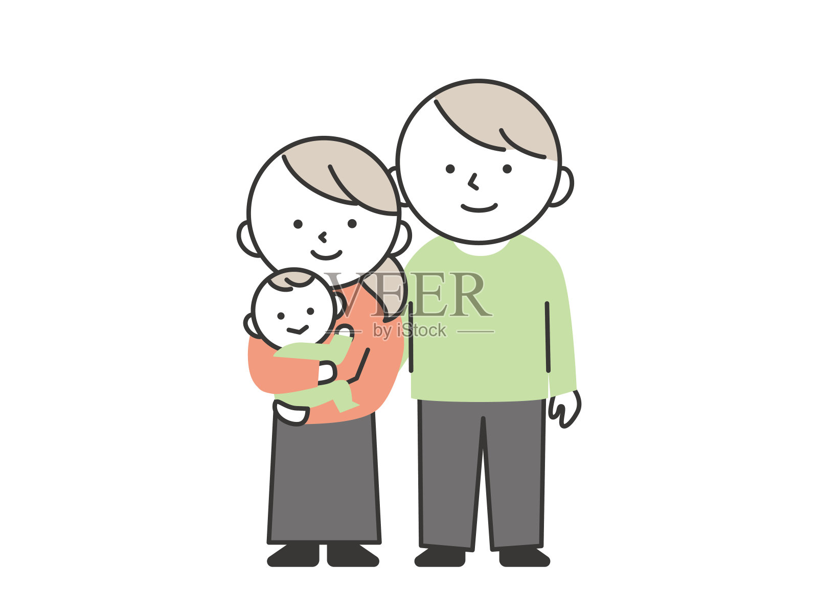 一家三口肩并肩站着。爸爸,妈妈和宝宝。插画图片素材