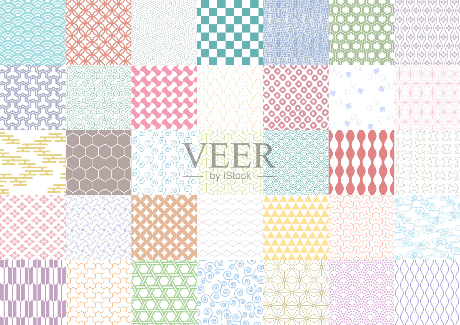 一套35无缝传统日本图案。几何东方背景图案。苍白的颜色矢量插图。插画图片素材