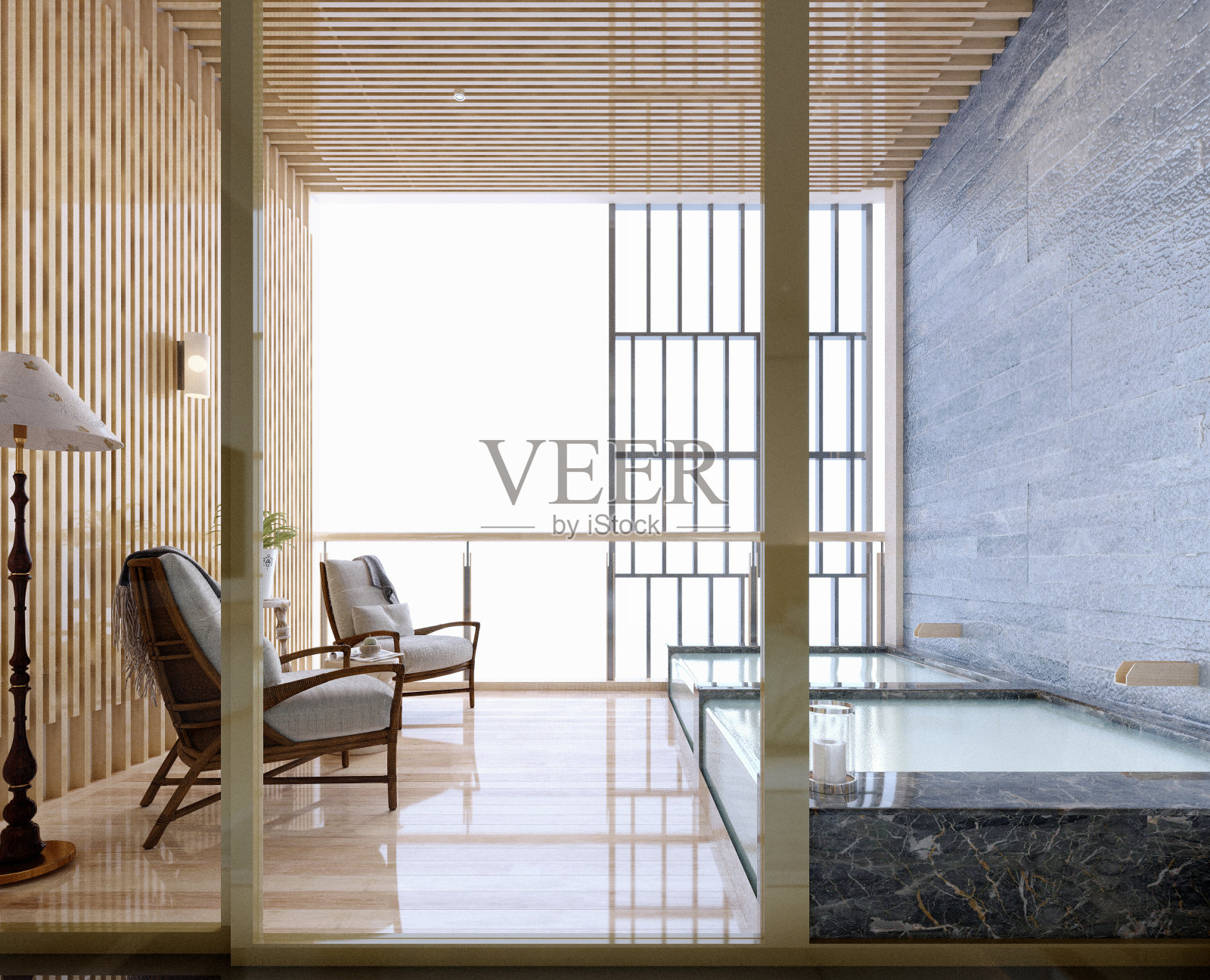 3d渲染,3d插图,室内场景和模型,在开放式阳台座位上渲染3d,现代和热带风格。照片摄影图片