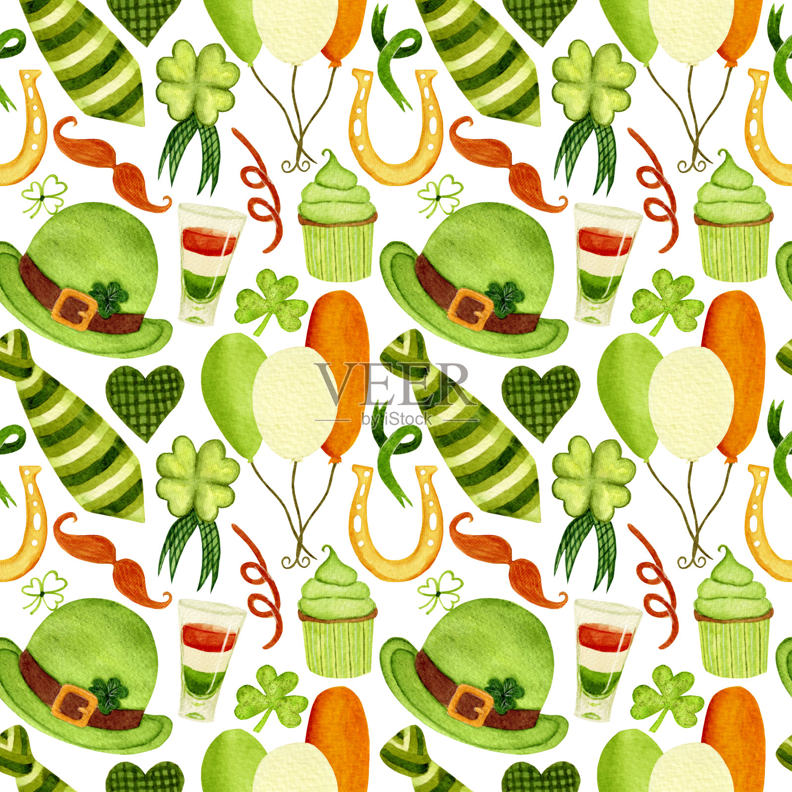水彩图案与元素圣帕特里克节。三叶草,妖精服装元素,马蹄铁,白底气球。插画图片素材