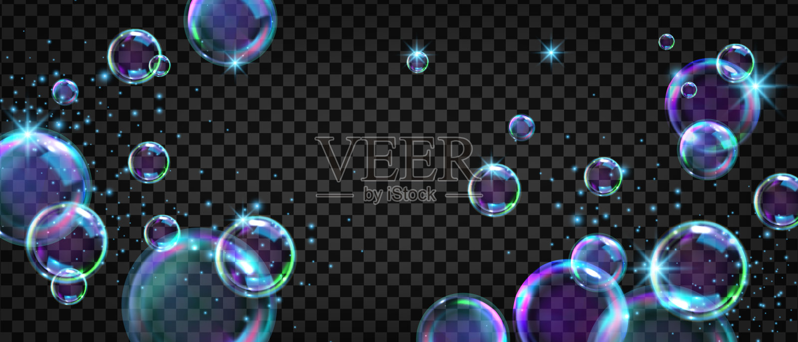 肥皂泡矢量背景,透明的3D空中彩虹球旗帜,神奇的玻璃球集合。插画图片素材