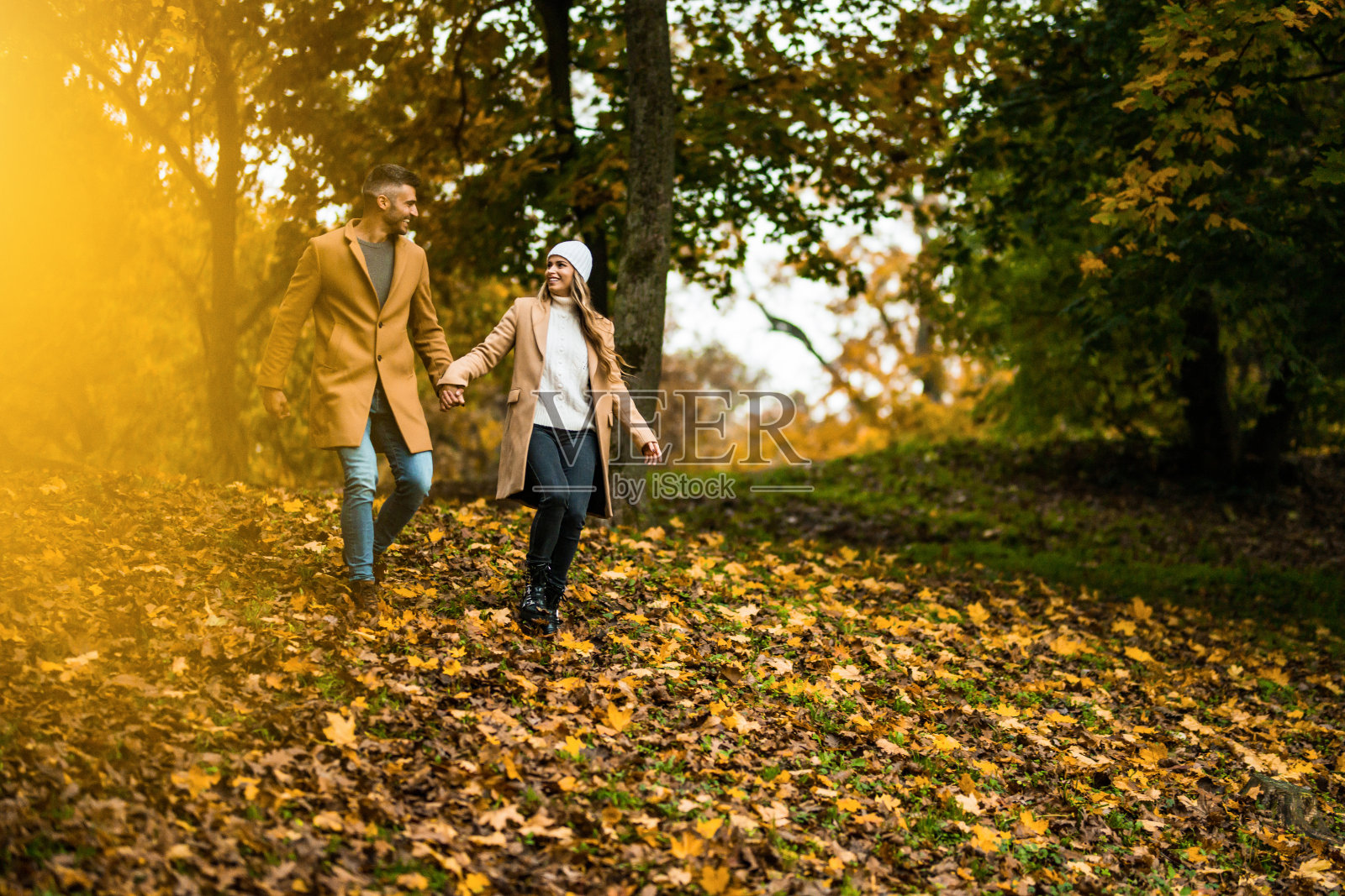 幸福的夫妇在秋天的大自然中玩耍。照片摄影图片