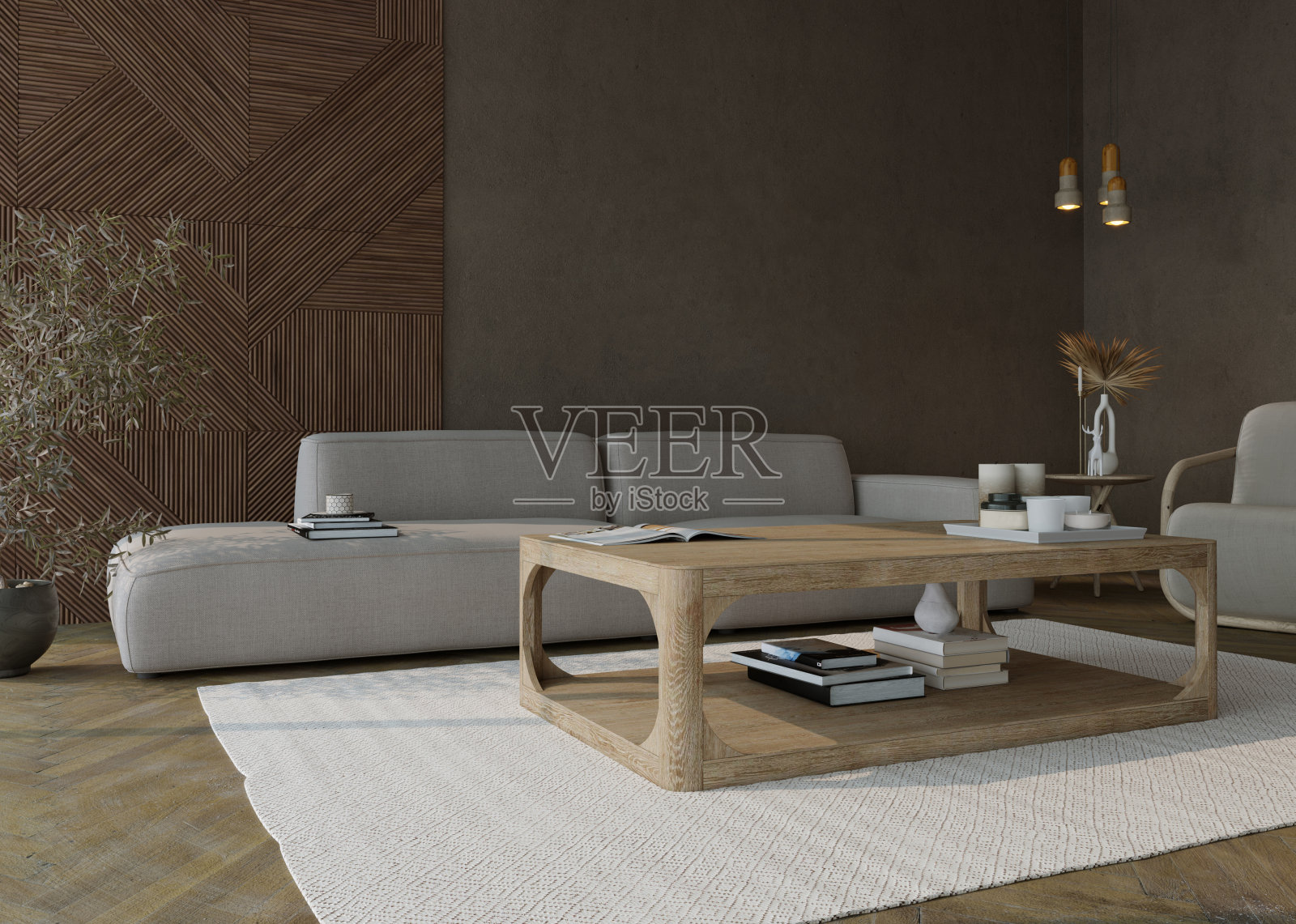 日式客厅室内设计。3D渲染。照片摄影图片