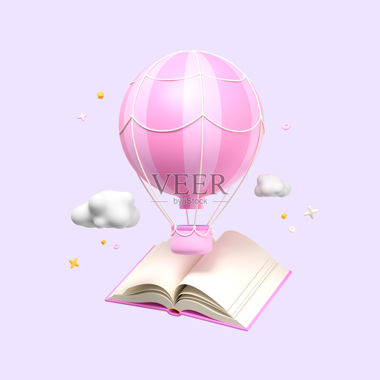 粉色卡通热气球在书上粉彩紫色的背景。平铺设计。粉彩紫色上的创意布局 背景。三维渲染照片摄影图片