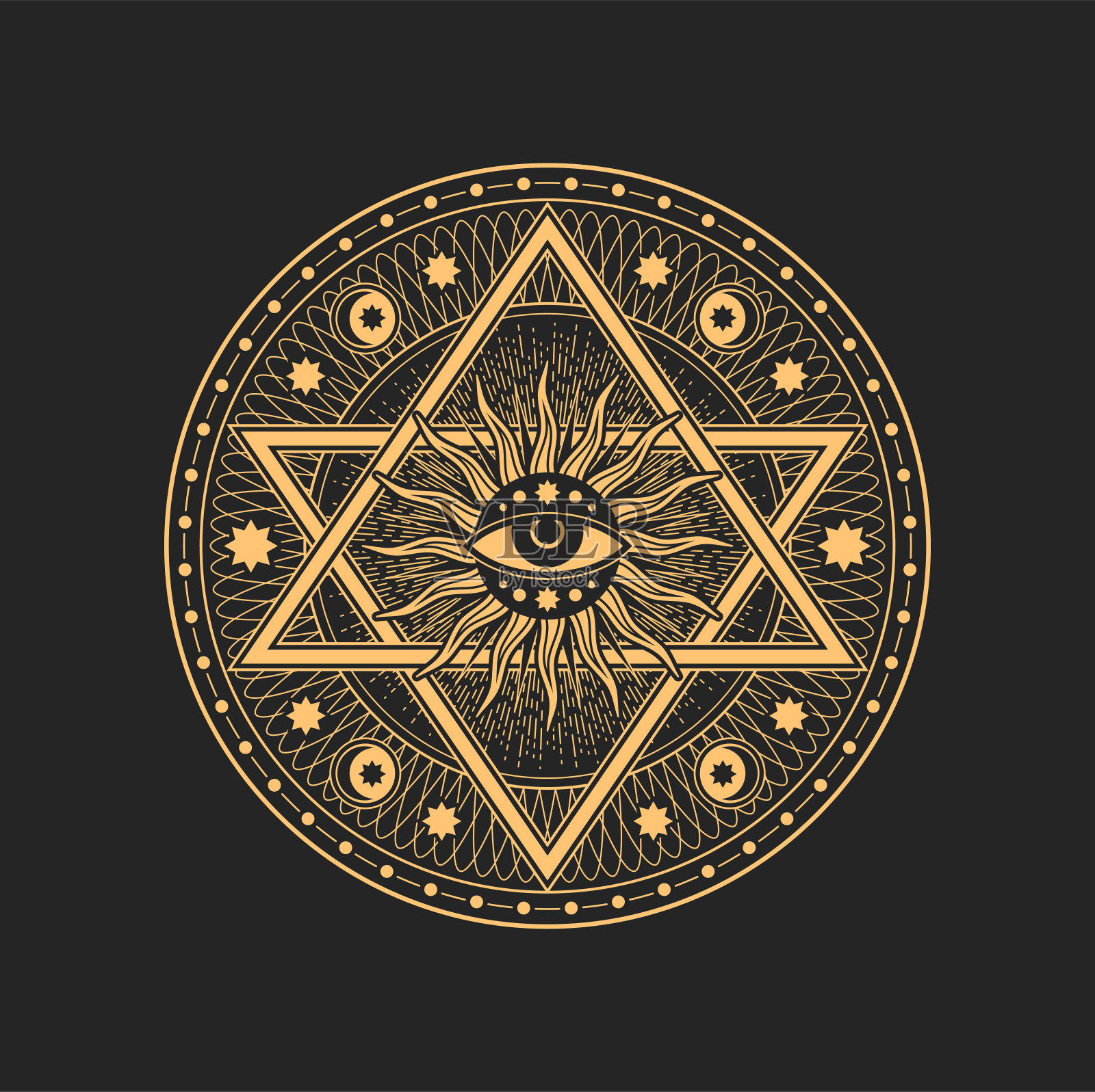 五角星有魔眼,太阳或月亮有光芒插画图片素材