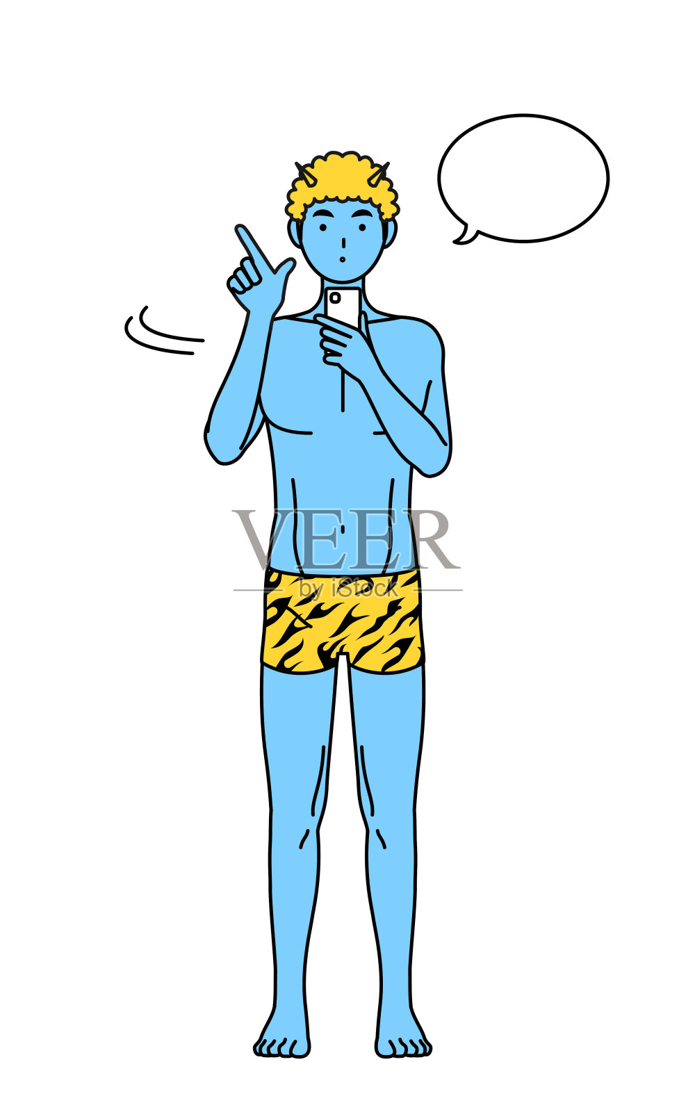 传统的日本活动,二月的Setsubun,一个穿着虎纹裤子的蓝色食人魔正在操作智能手机。插画图片素材