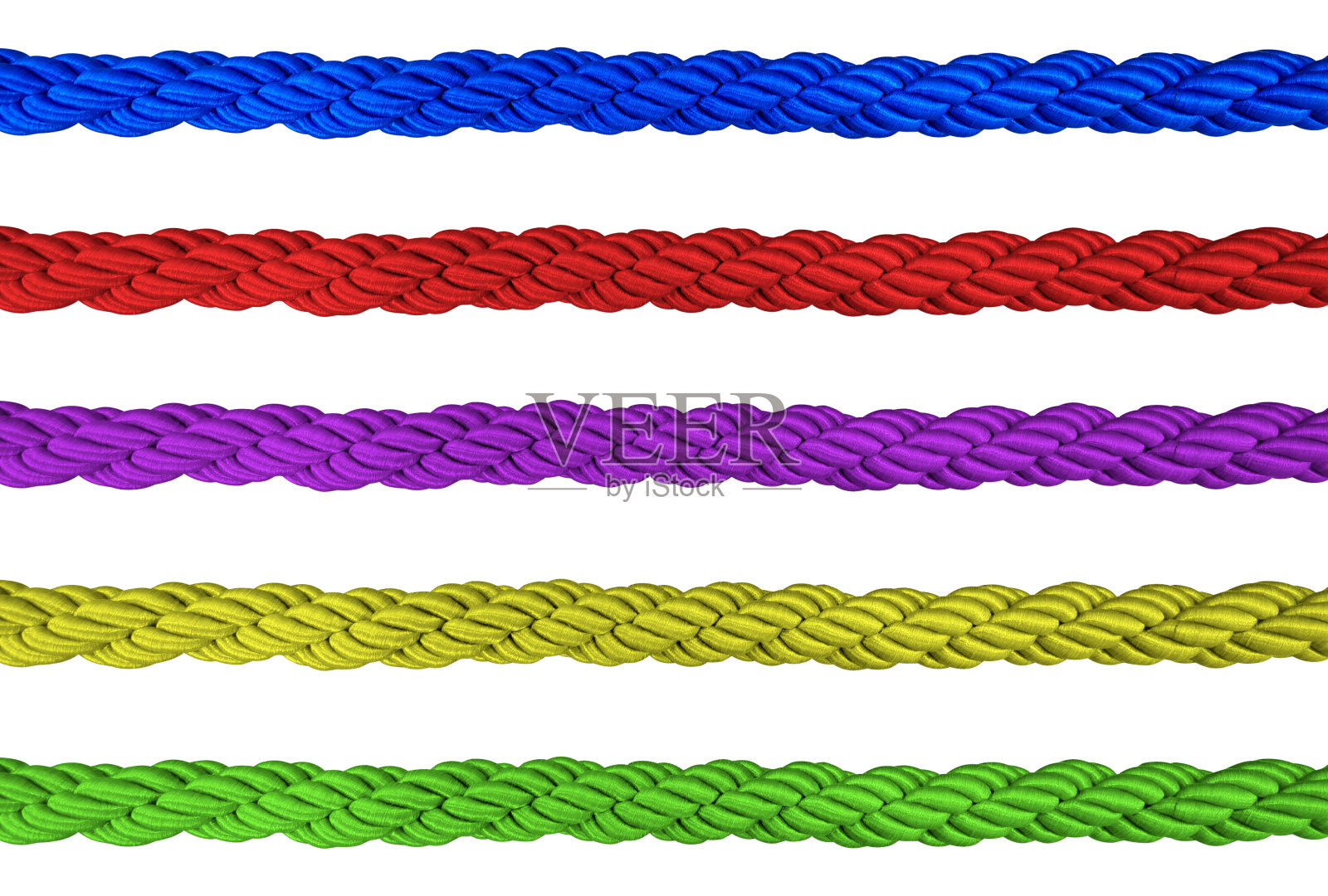 绿色,红色,蓝色,紫色,黄色的绳子,孤立在白色背景上。照片摄影图片