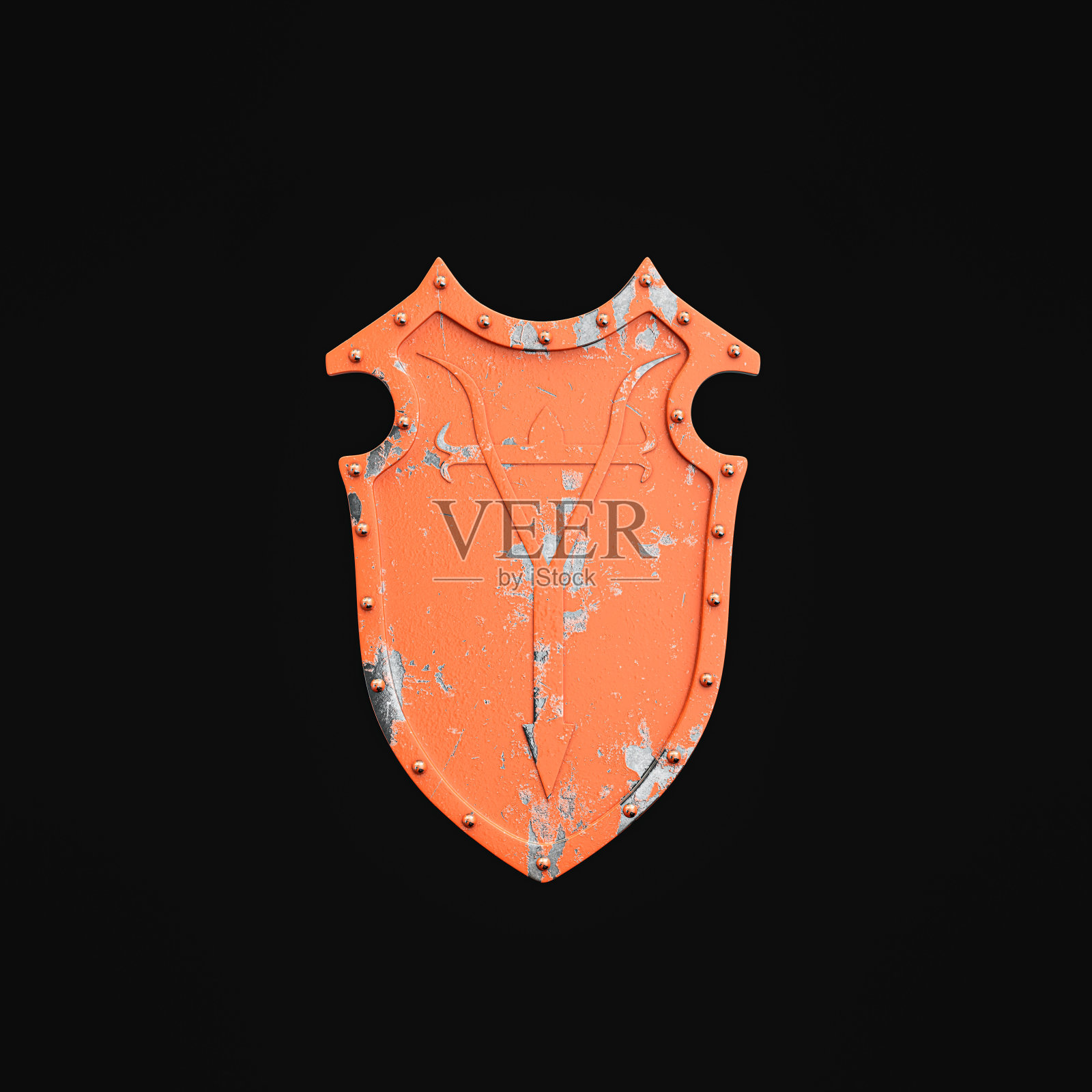 铁制盾牌,橙色油漆受损。武士盾,中世纪骑士盔甲。古代防御装甲对抗残酷和致命的攻击,3d渲染照片摄影图片