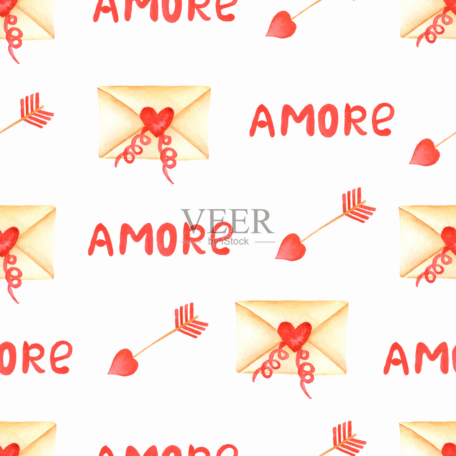 采购产品水彩情人图案,无缝心纸,剪贴纸,情人节心,爱的图案。手绘春季背景与箭头,手工字母和信封。插画图片素材