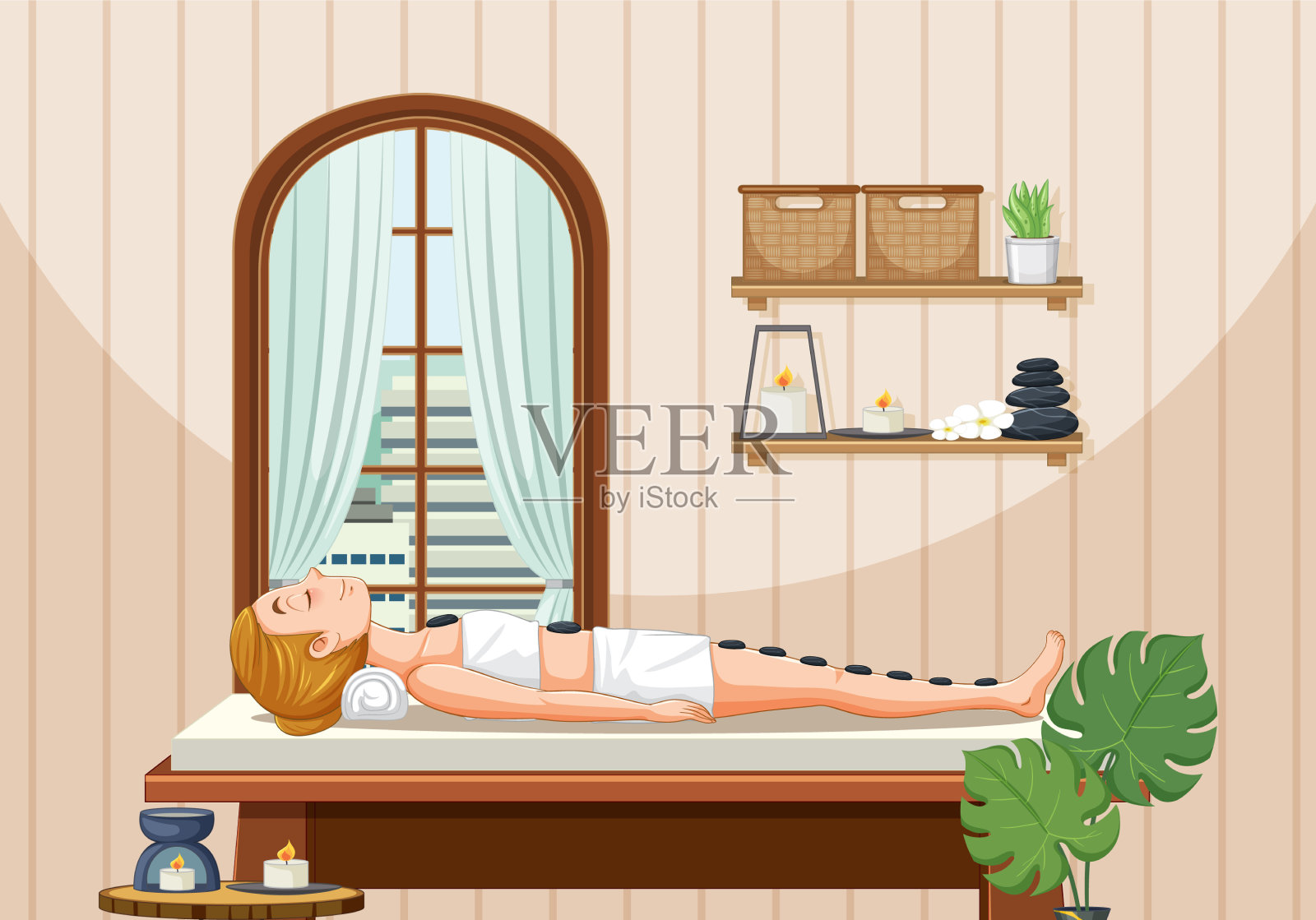 女子在温泉现场接受石头按摩插画图片素材