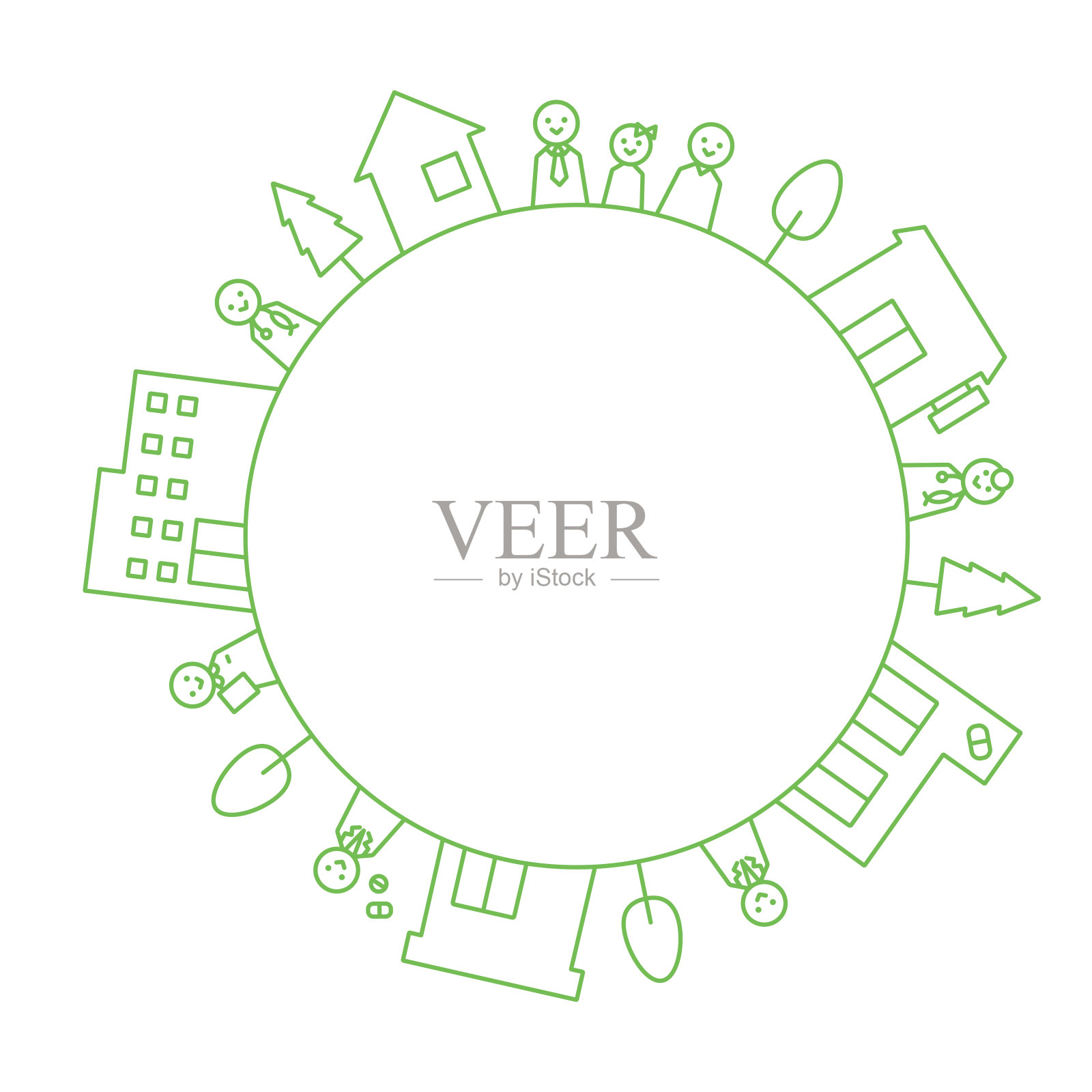 医院、药房、房屋、医务工作者和居民的线条插图。版本。圆,绿色,type2插画图片素材