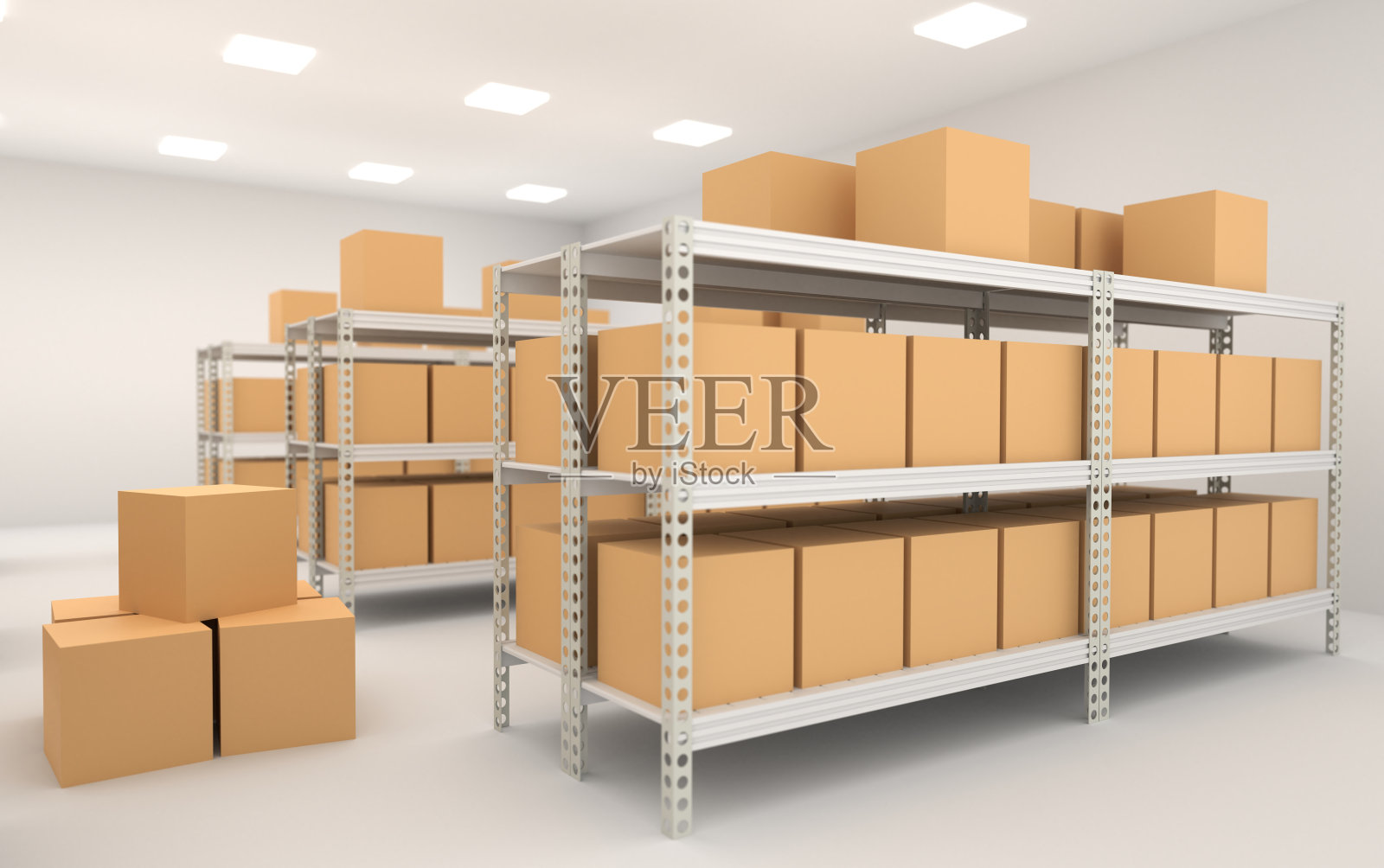 仓库内部的货架,货架和盒子3d渲染照片摄影图片