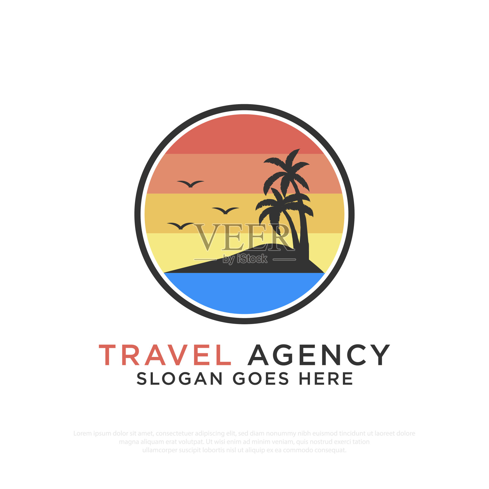 自然海滩旅行社标志设计,日落海滩户外矢量插图模板插画图片素材