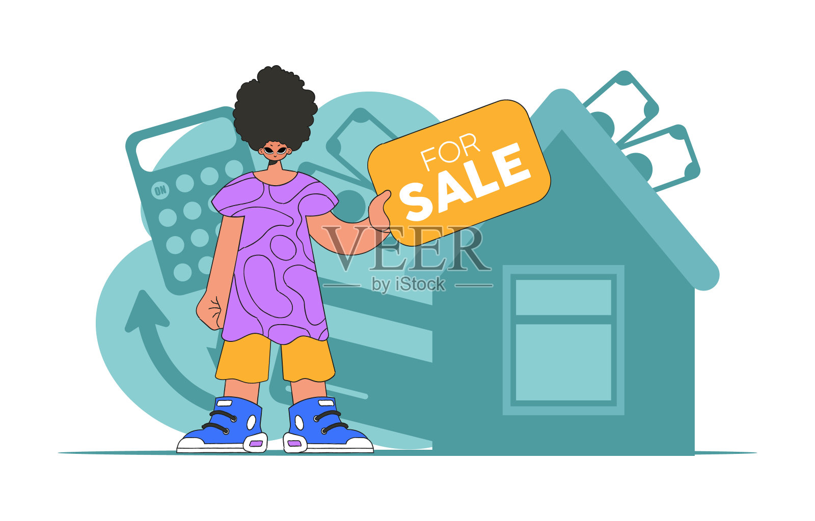 拥有房子的概念。一个手里拿着房子的房地产经纪人。插画图片素材