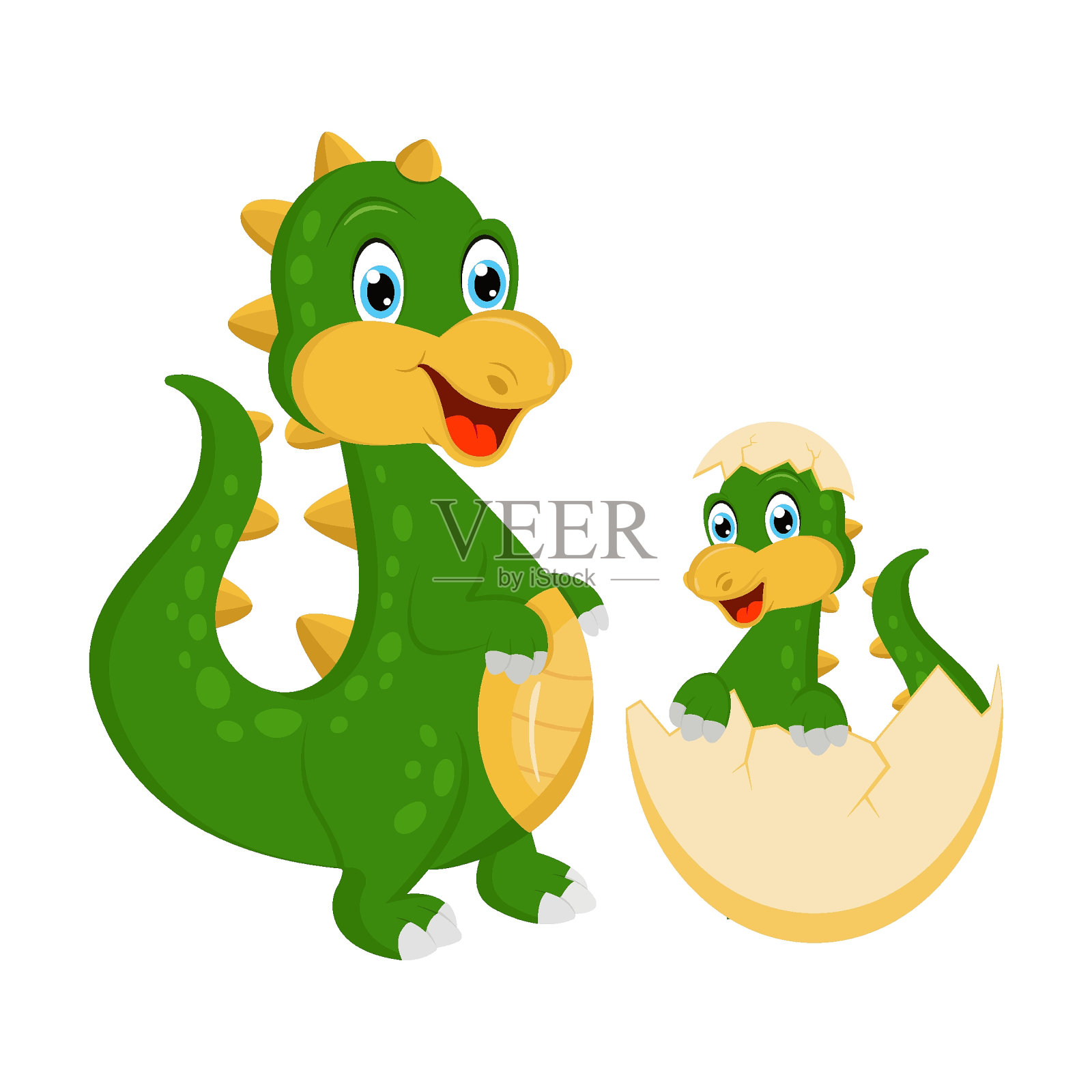 可爱的卡通人物恐龙或龙在一个平面风格的矢量插图孤立在白色背景上。史前有趣的小怪物为儿童主题。恐龙妈妈和恐龙宝宝。插画图片素材
