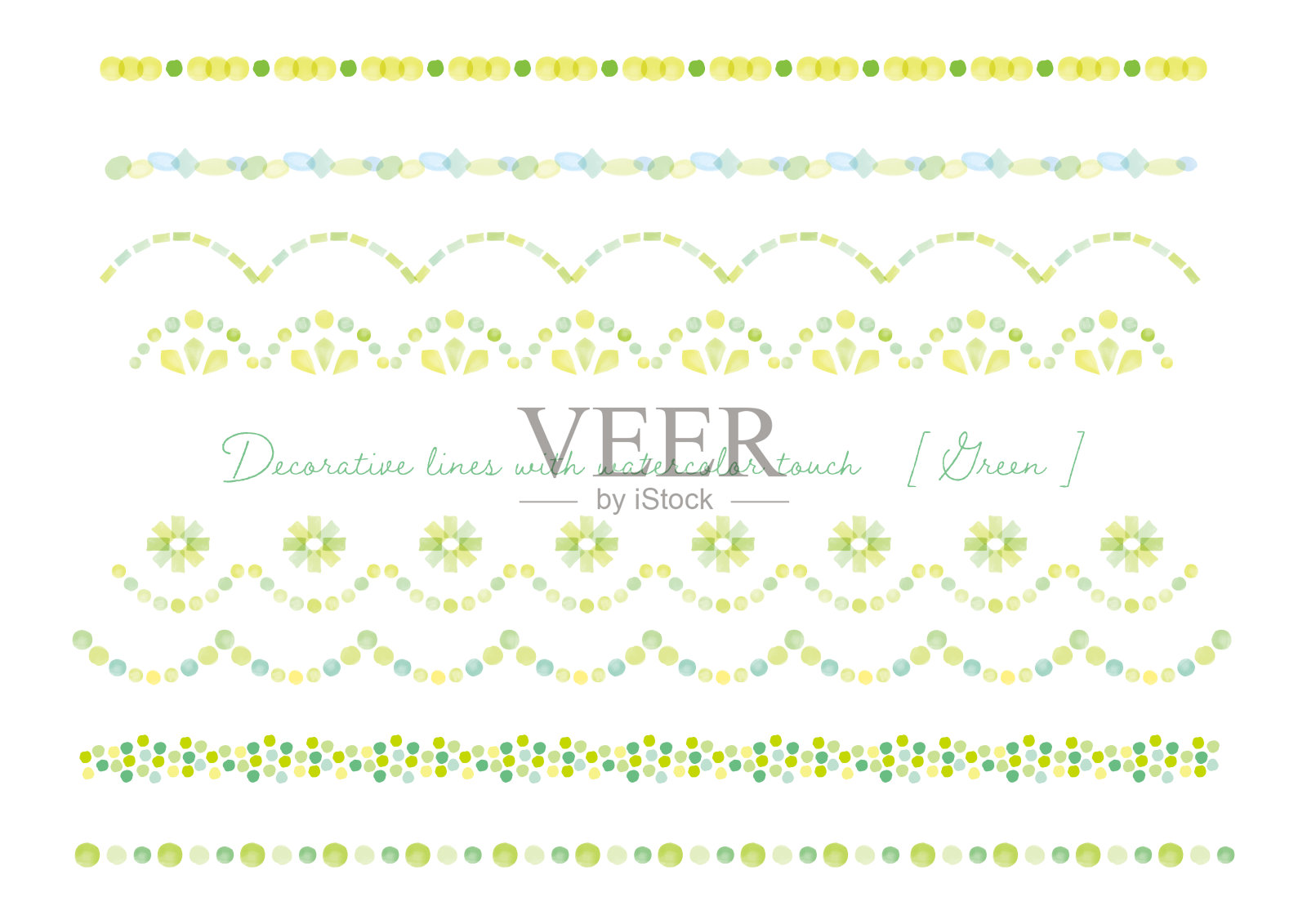 水彩触线装饰材料与波点,蕾丝,瓷砖和闪闪发光的图案。绿色,春天,Dot插画图片素材